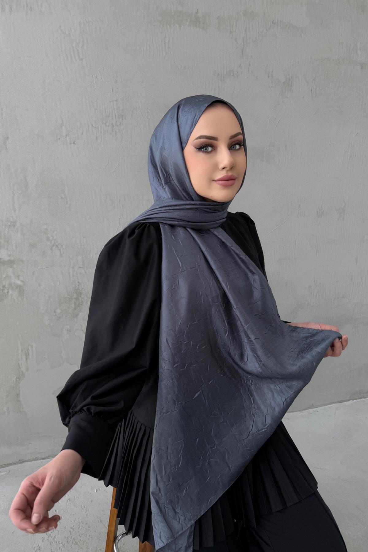 Koyu Gri Vual İpek Crash Şal