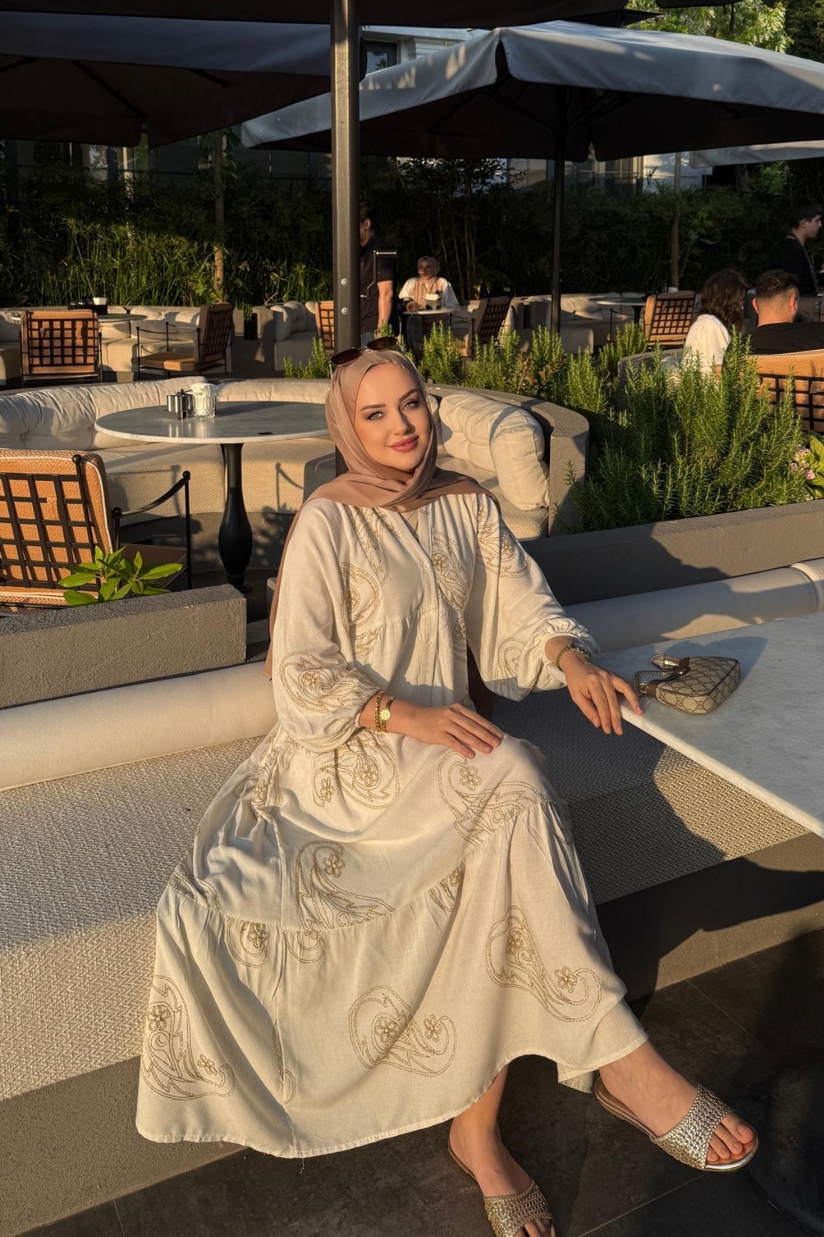 LaBella Nakışlı Premium Keten Elbise