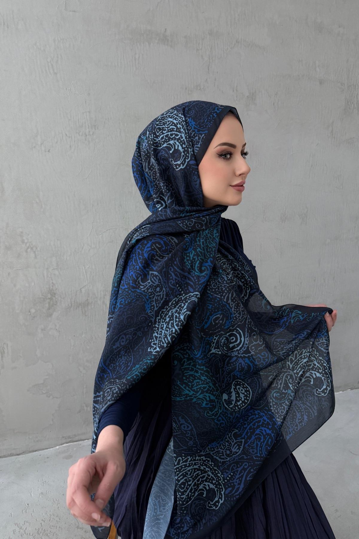 Lacivert Alaca Bohem Modal İpek Şal