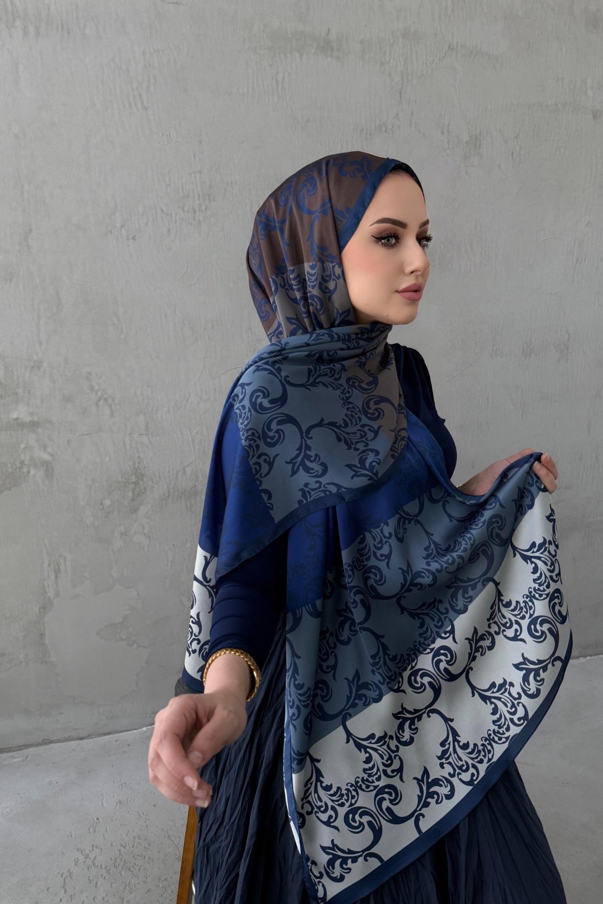 Lacivert Almira Bohem Kumlu İpek Şal