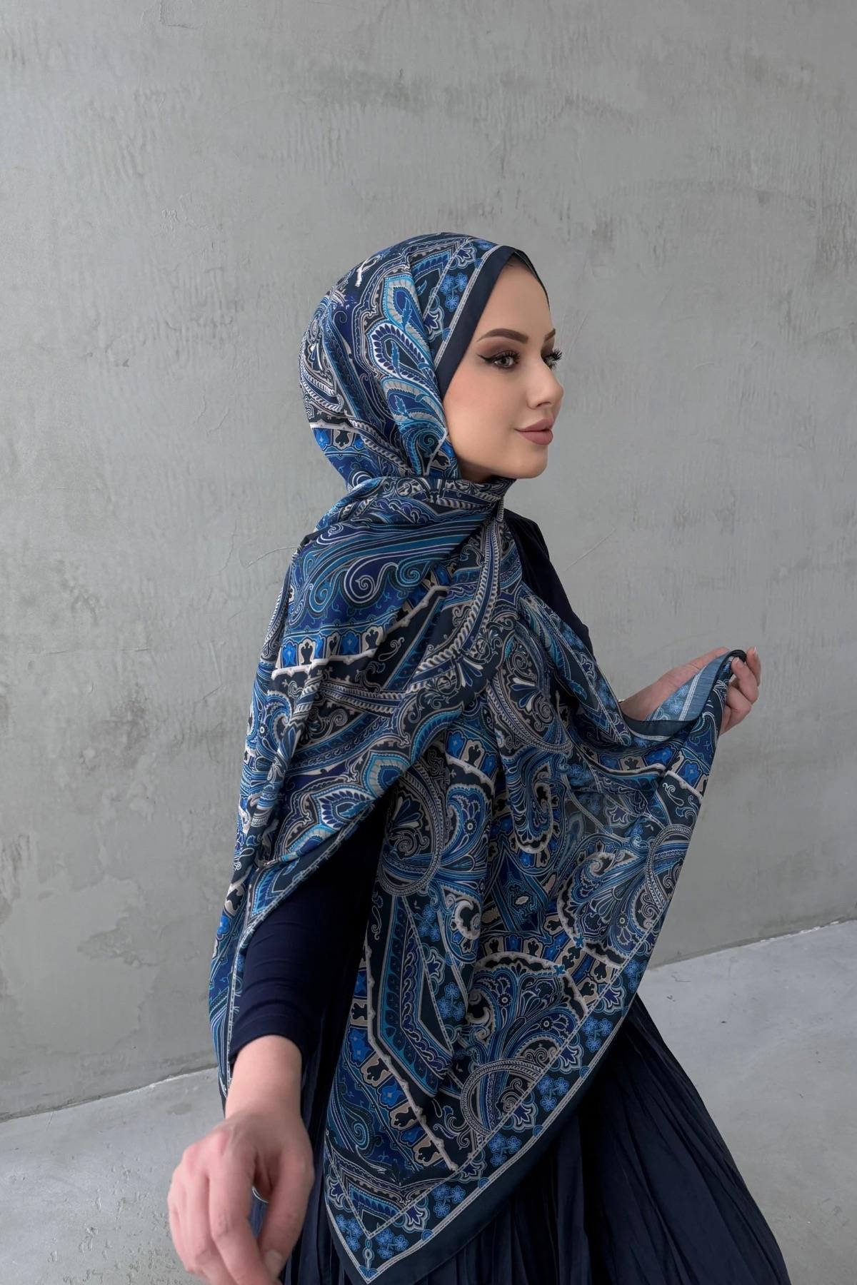 Lacivert Beren Bohem Modal İpek Şal