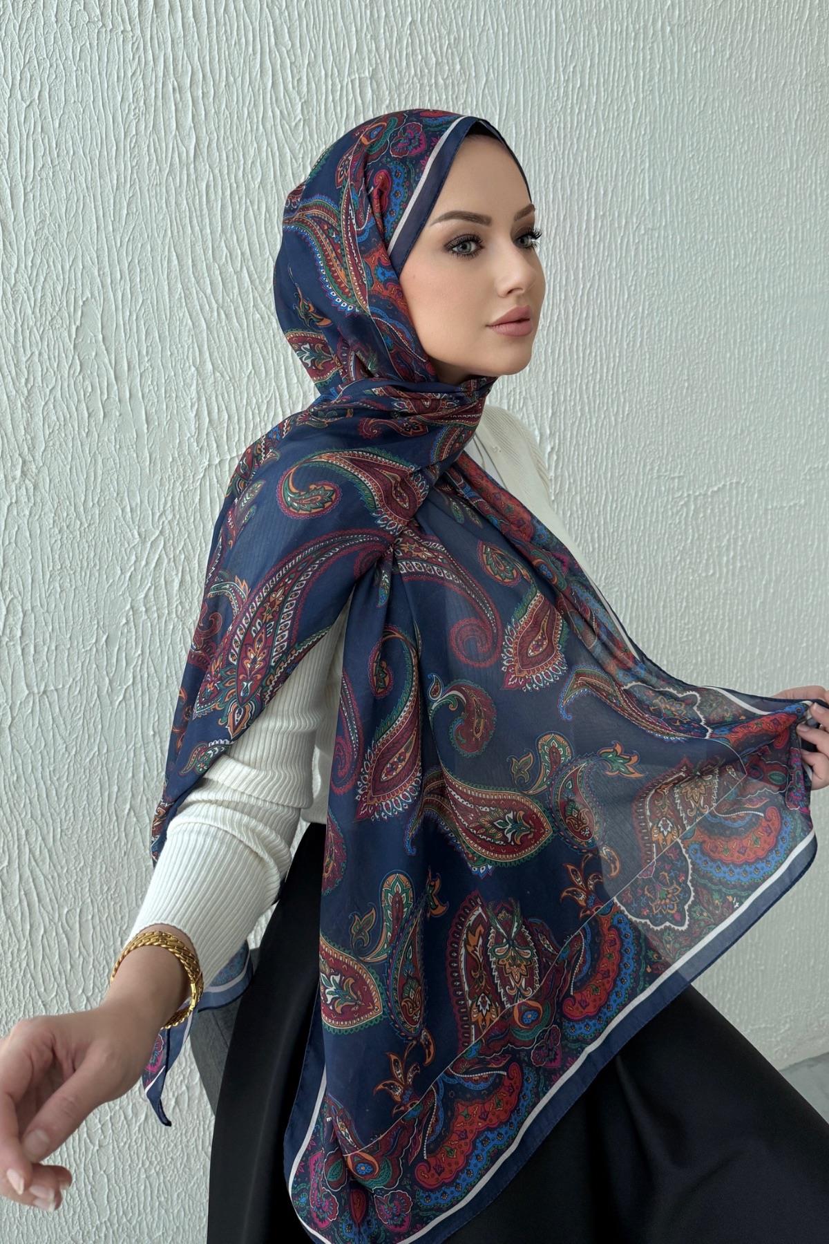 Lacivert & Bordo Şehrazat Bohem Modal İpek Şal