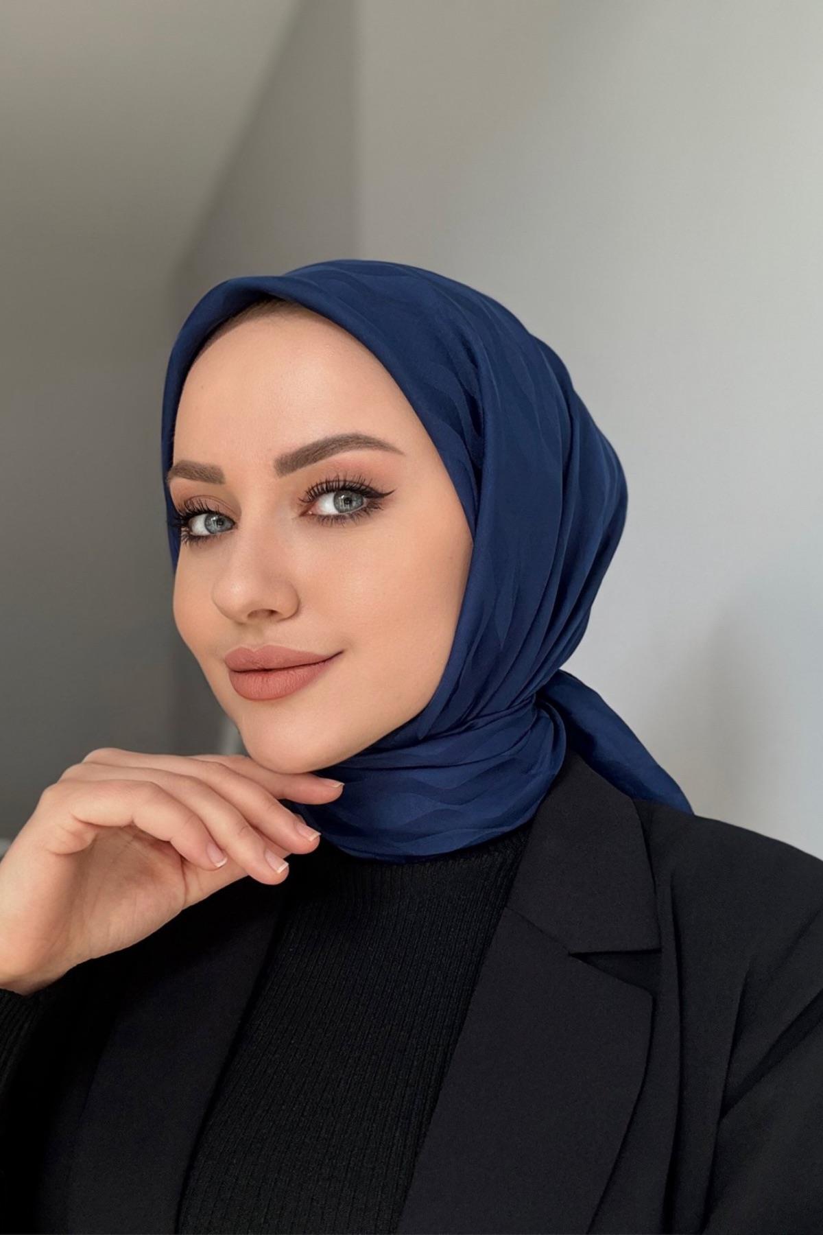 Navy Blue Patterned Silky Jacquard Scarf