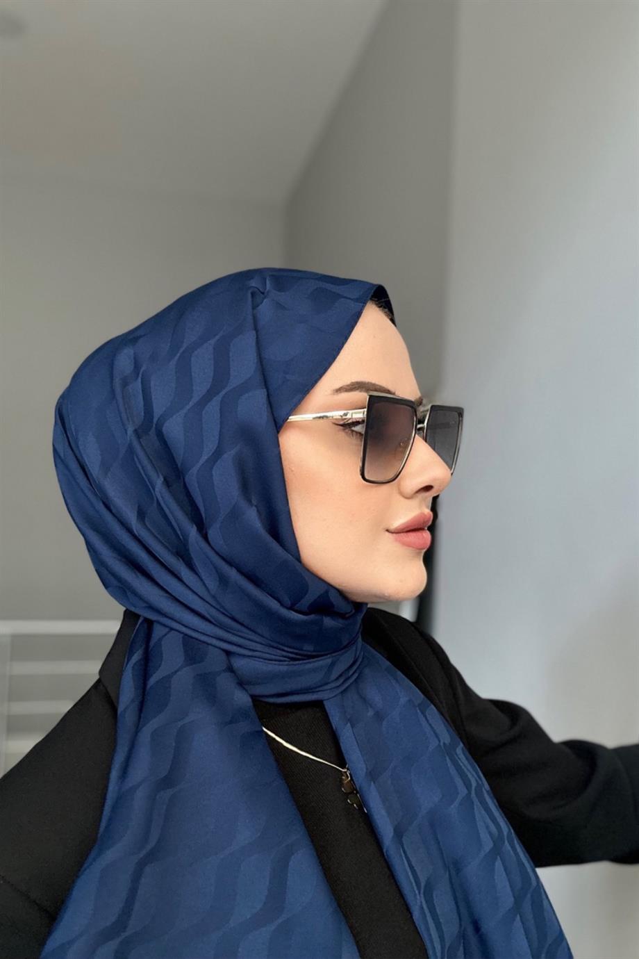 Navy Blue Patterned Silky Jacquard Shawl