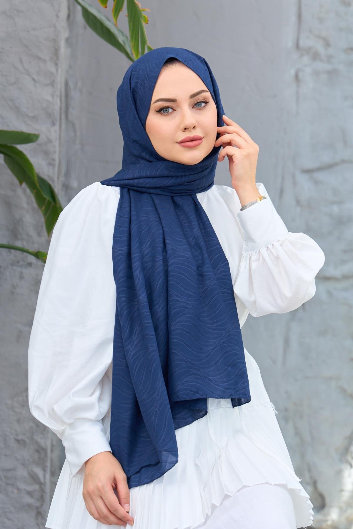 Lacivert Kendinden Desenli Fresh Şal