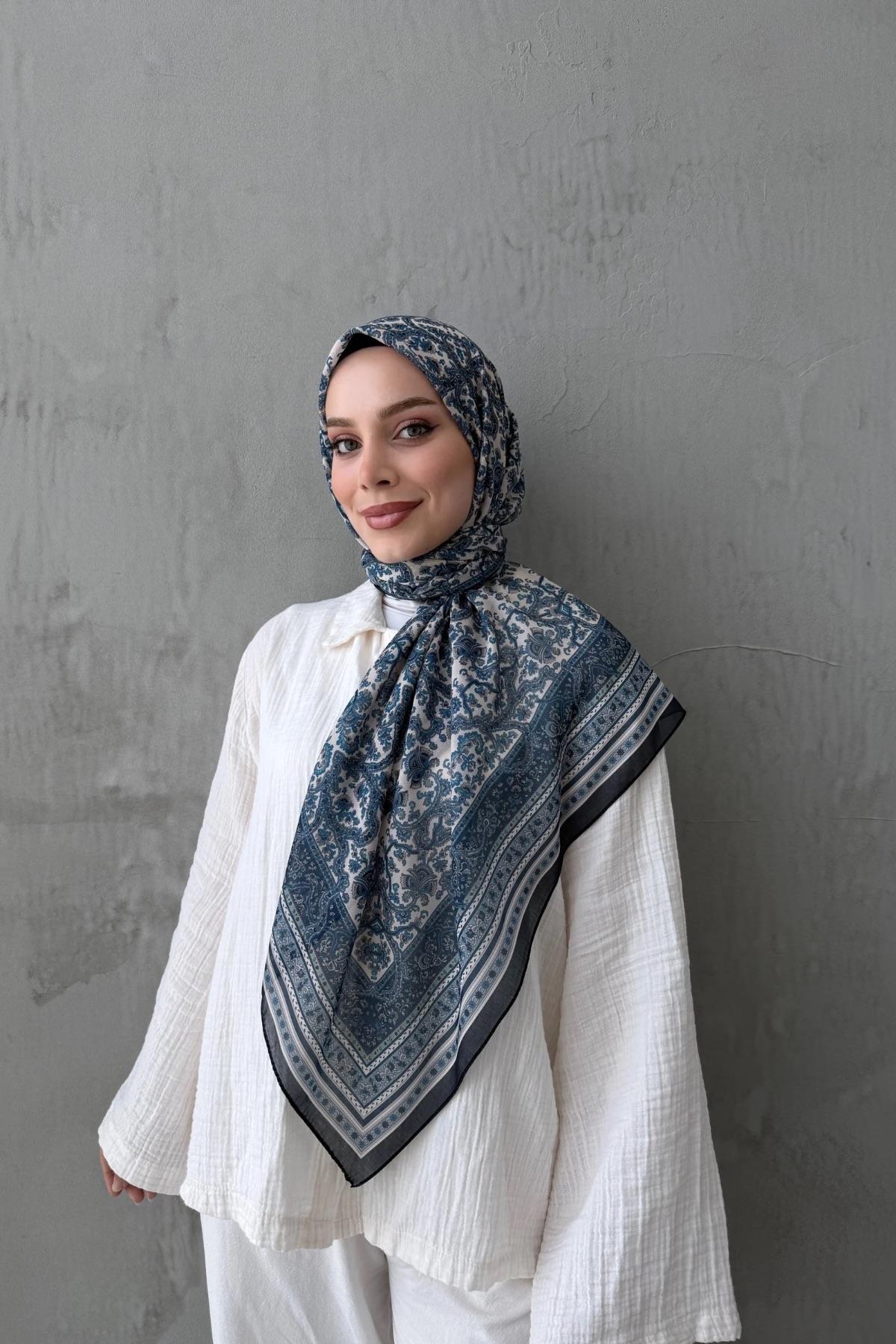 Lacivert Mahi Bohem Modal İpek Şaleşarp