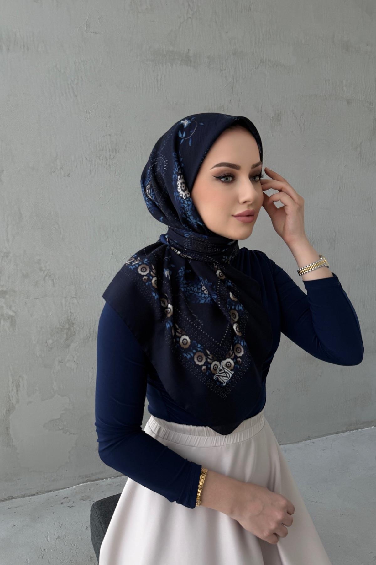 Lacivert Masalsu Naturel Eşarp 