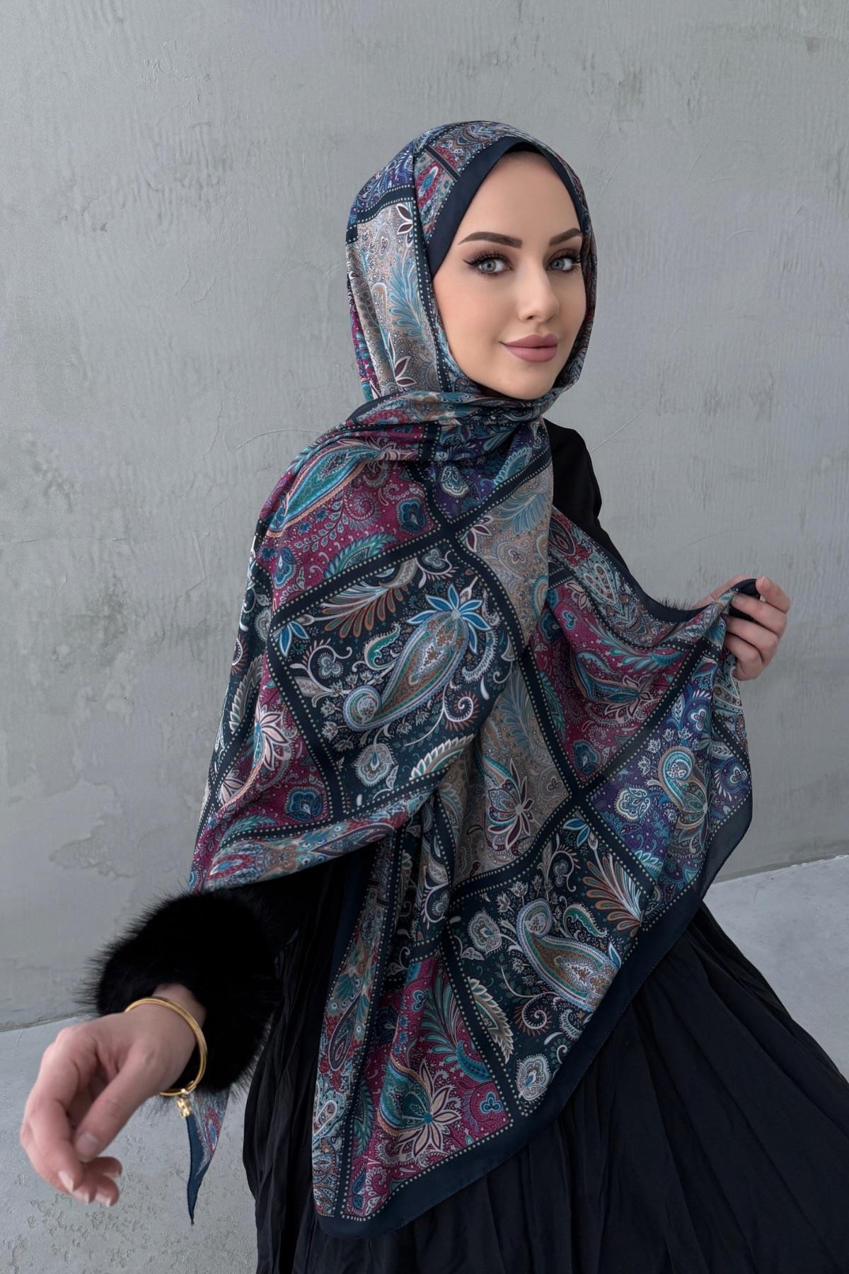 Lacivert Maveran Bohem Modal İpek Şal