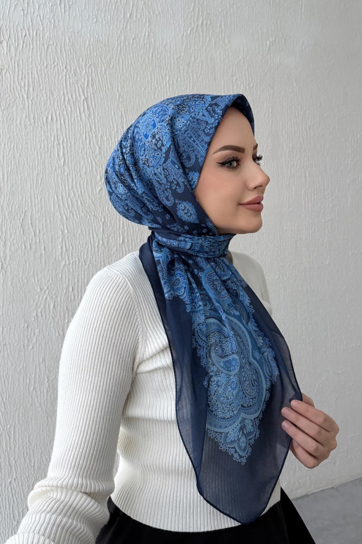 Lacivert & Mavi Mira Bohem Modal İpek Eşarp