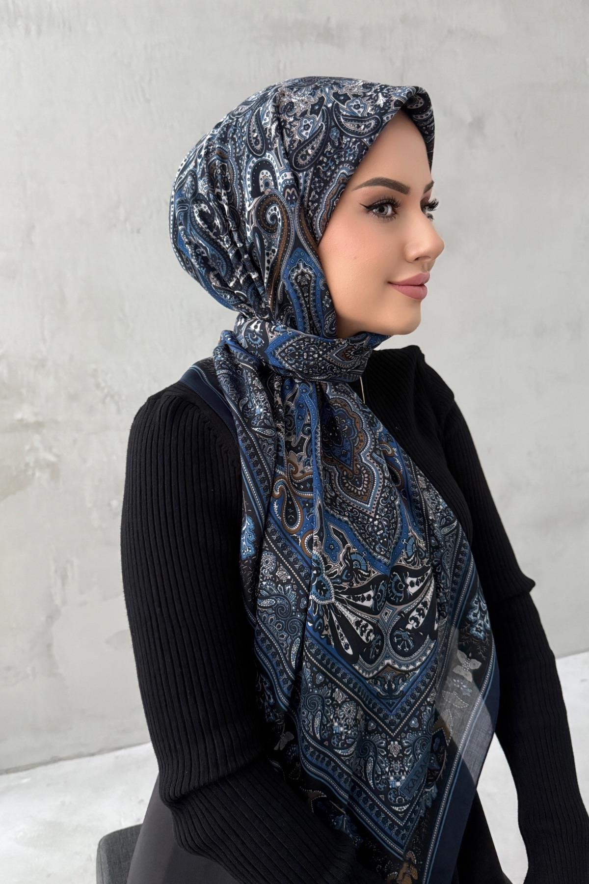 Lacivert Mihri Bohem Modal İpek Şaleşarp