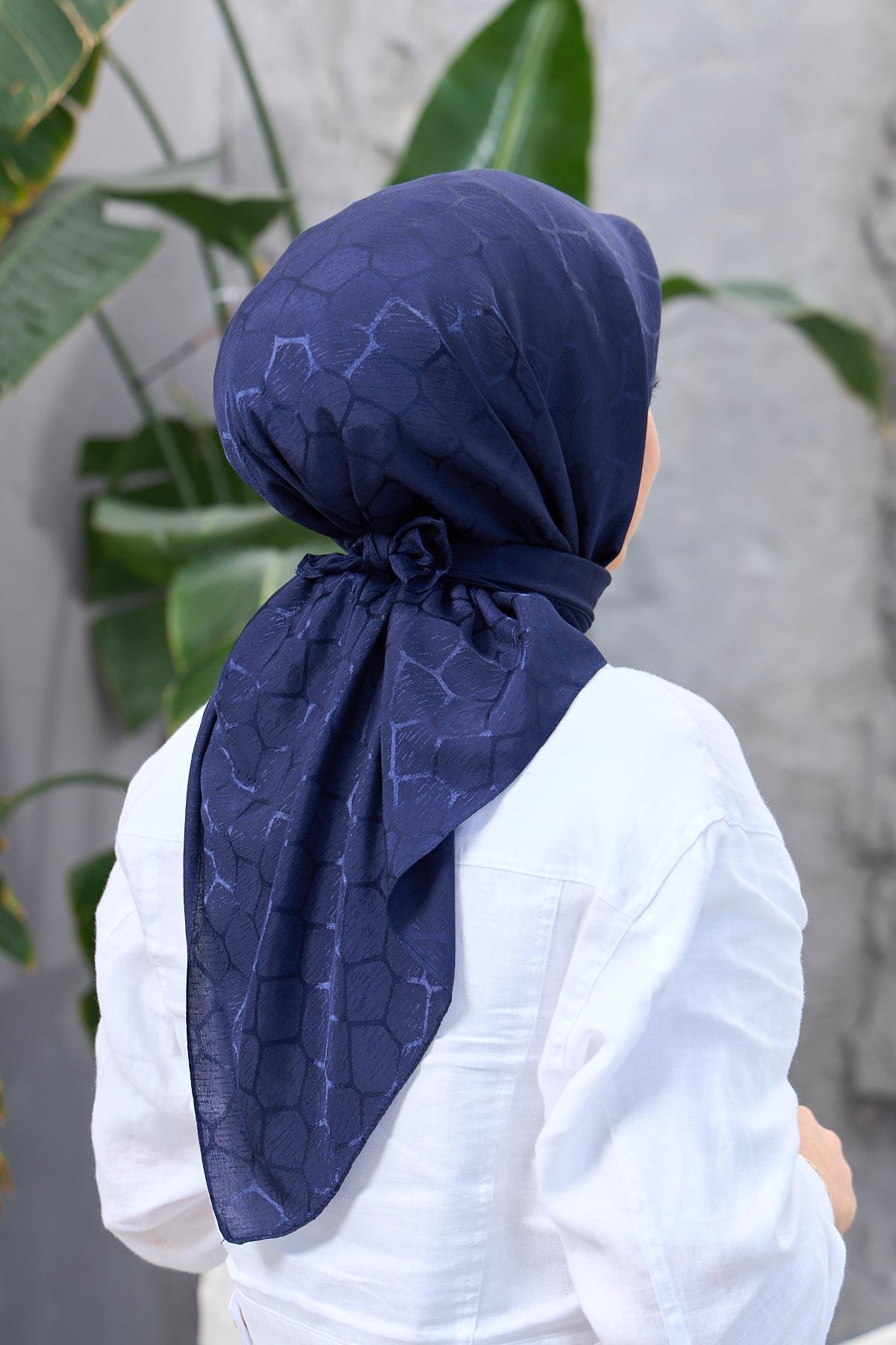Navy Blue Stone Pattern Silky Jacquard Scarf