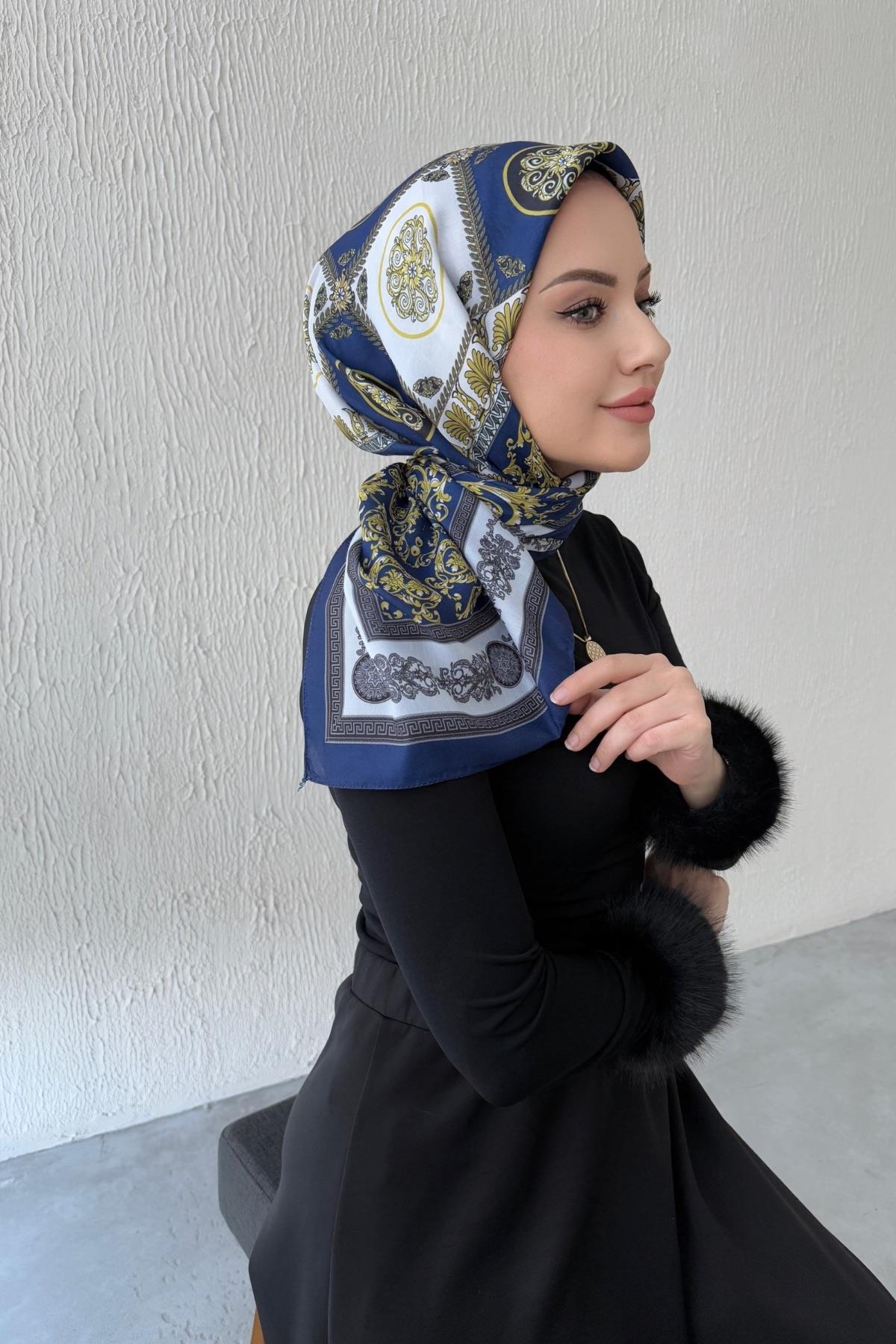 Lacivert Versac Desen Dijital Soft Eşarp