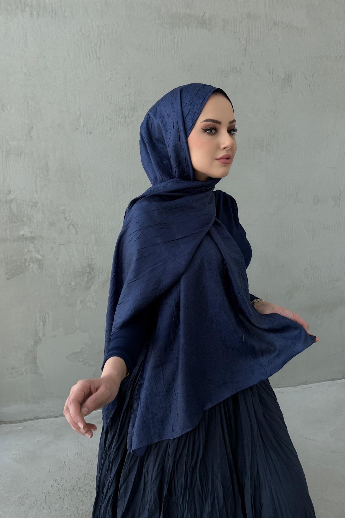 Lacivert Vual İpek Crash Şal