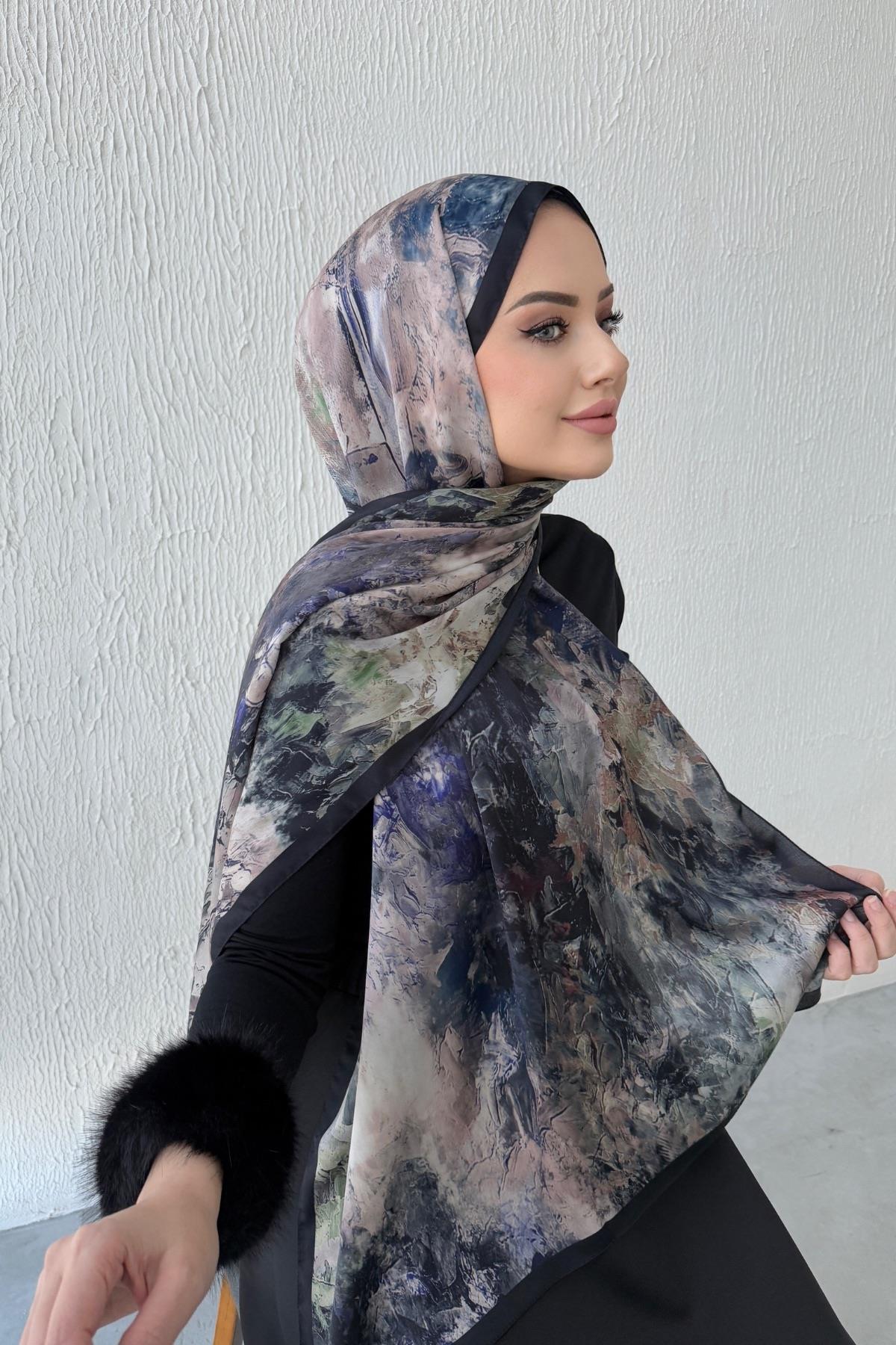 Lacivert & Yeşil Kumlu İpek Şal 