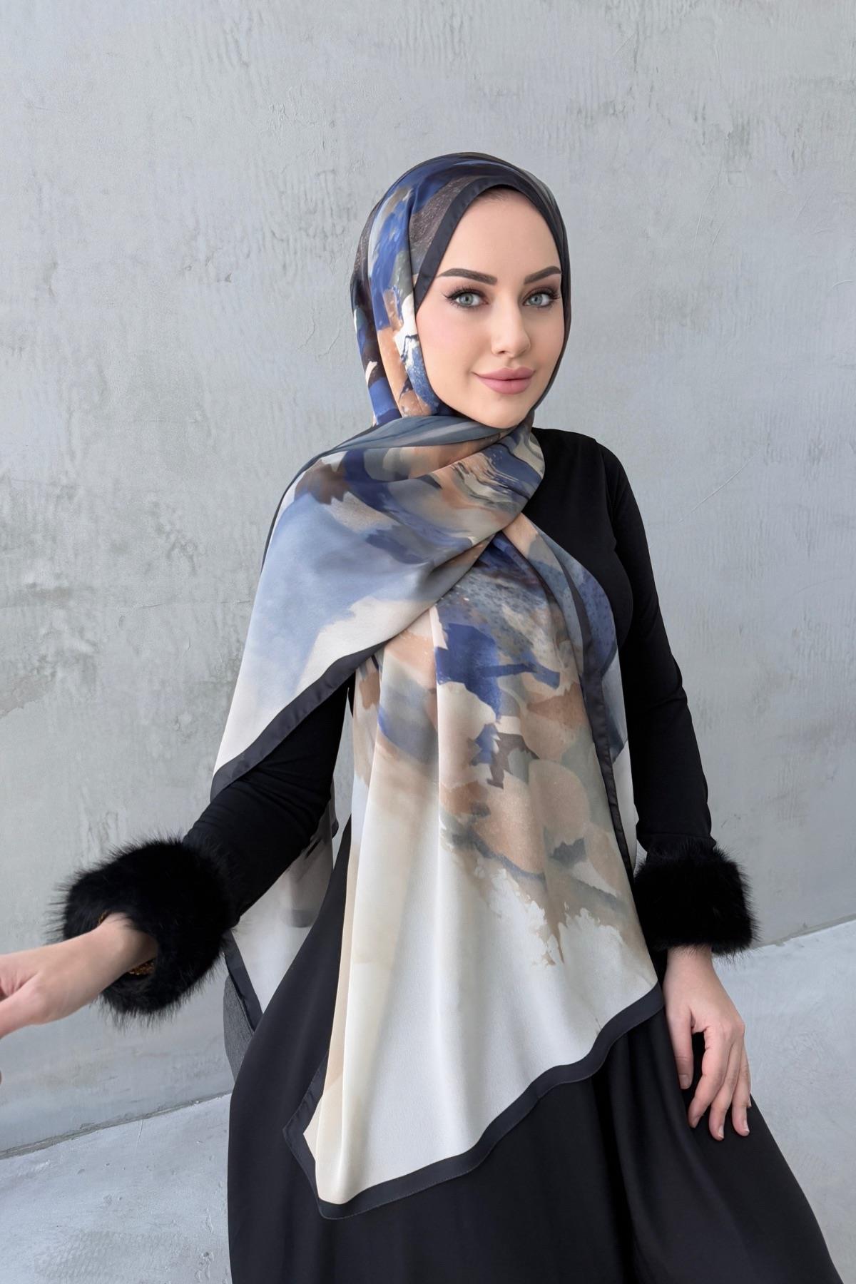 Lacivert&Bej Katre Kumlu İpek Şal 