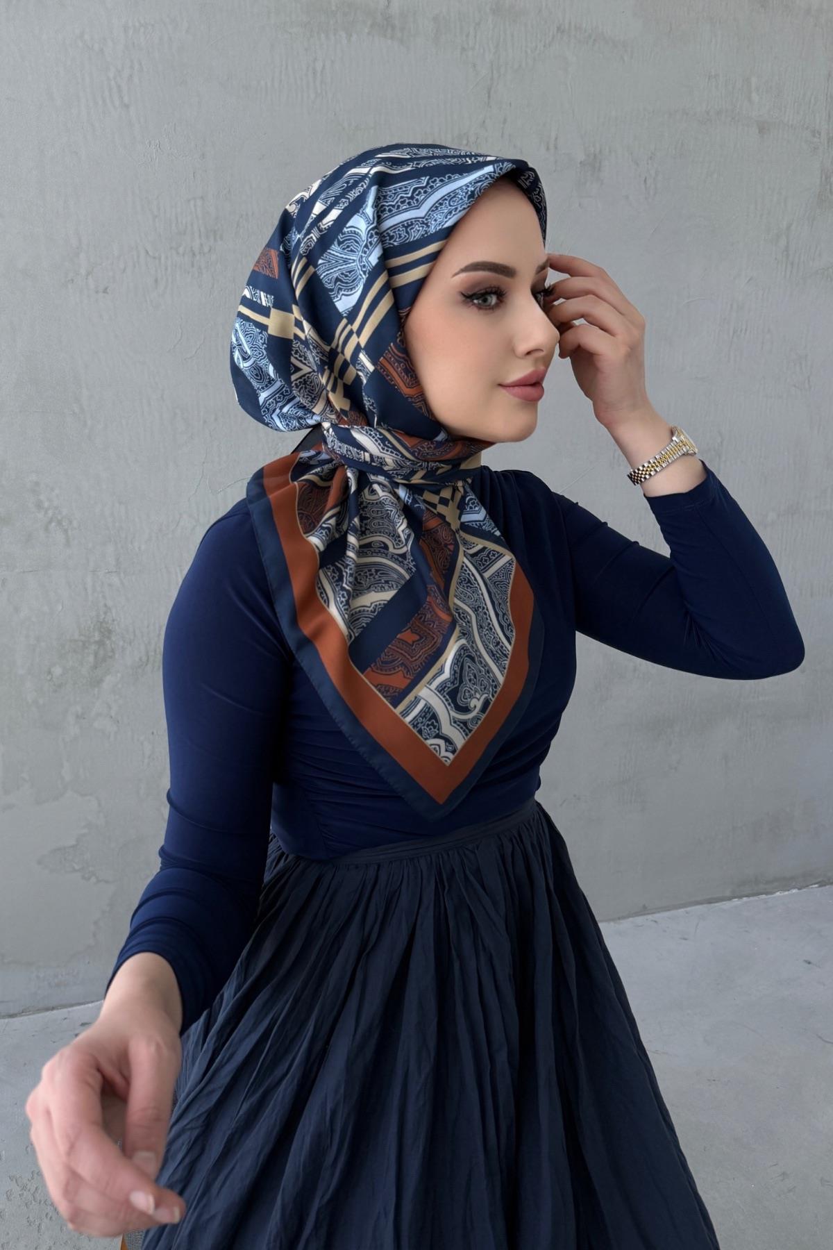 Lacivert&Taba Kardelen Bohem Modal İpek Eşarp