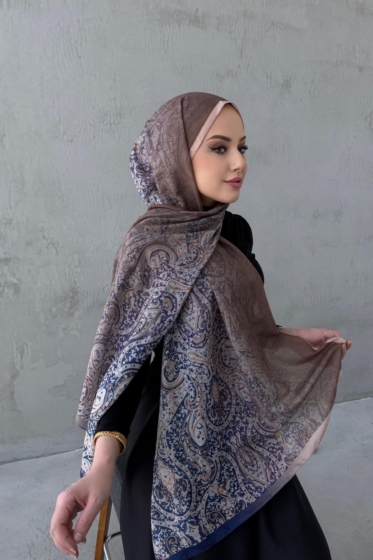 Lacivert&Vizon Hare Bohem Modal İpek Şal