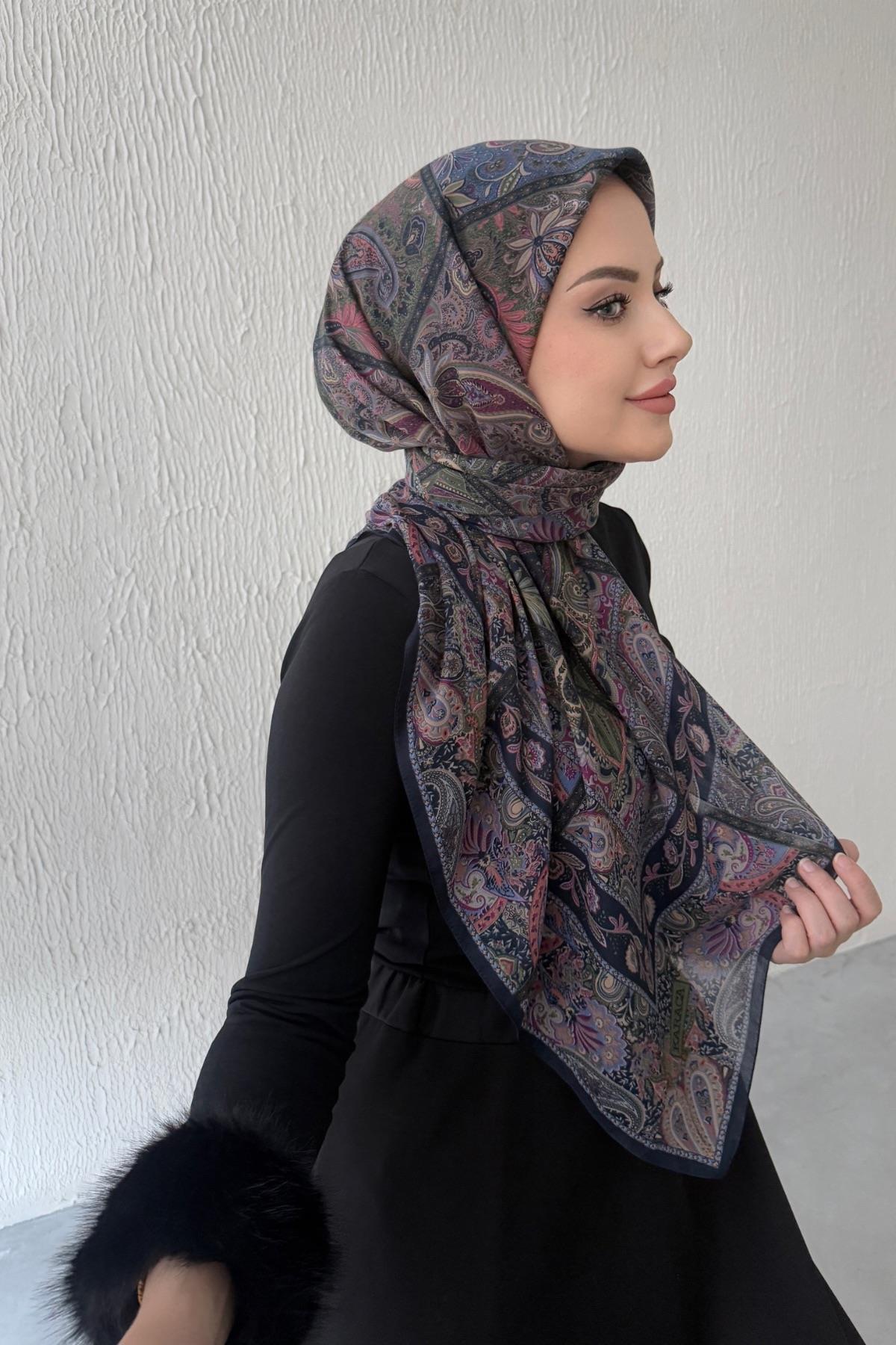 LacivertYeşil  Bohem Modal İpek Şaleşarp