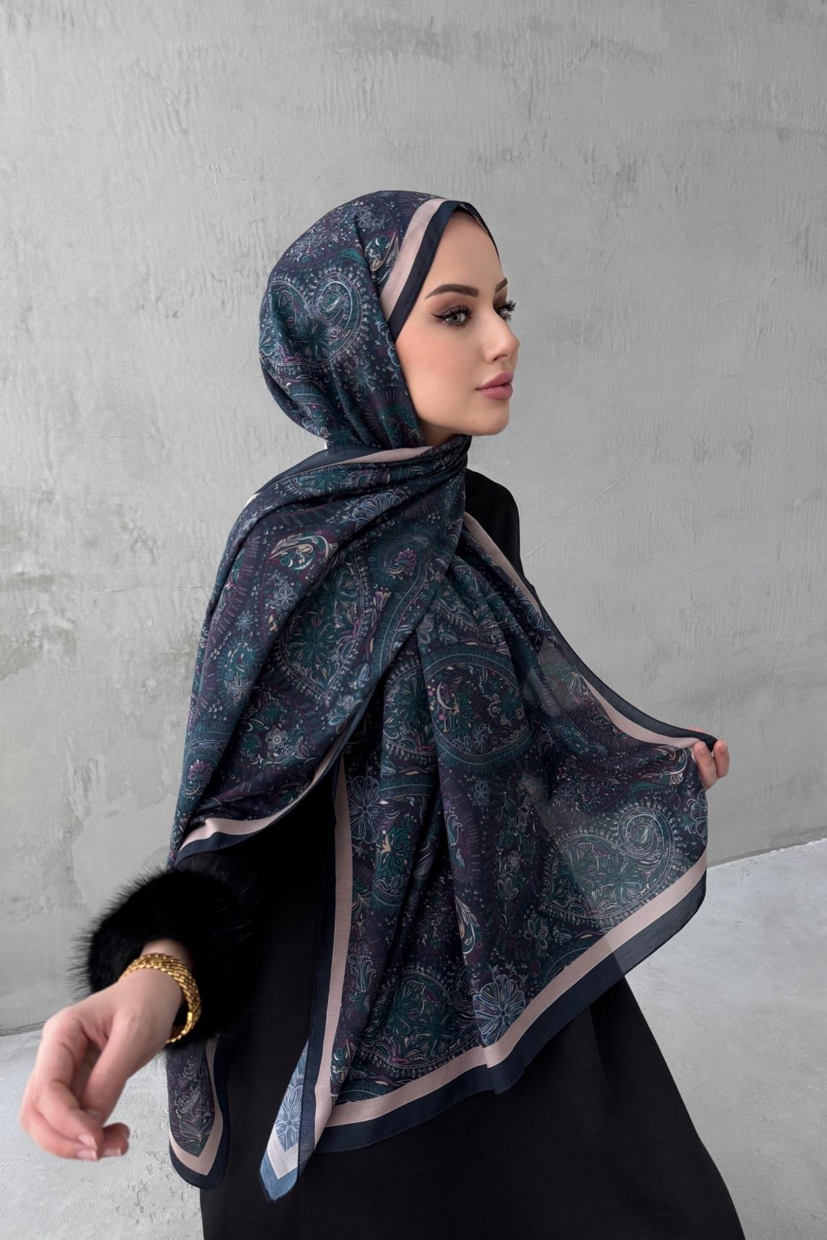 Lacivert&Yeşil Bukre Bohem Modal İpek Şal