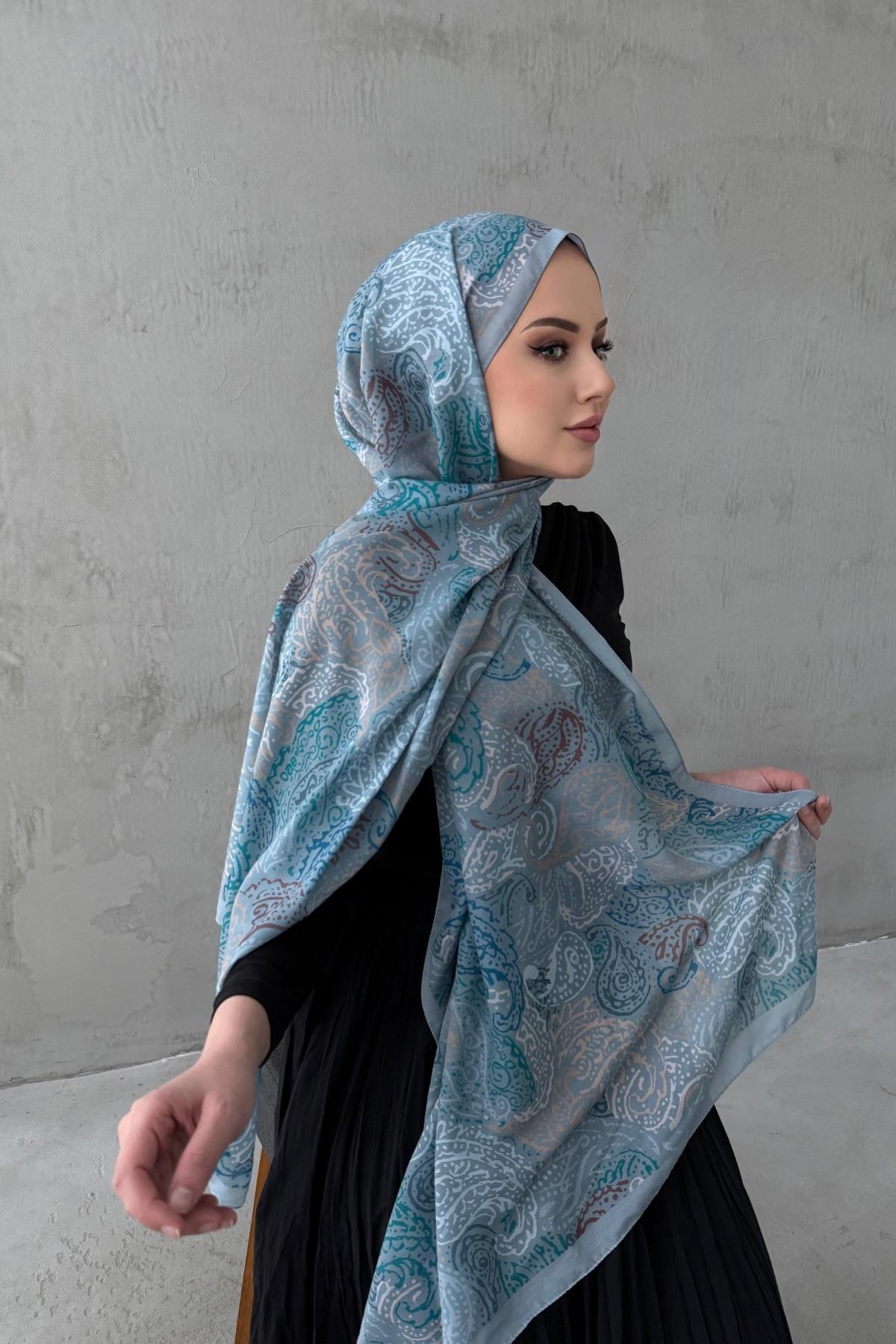 Mavi Alaca Bohem Modal İpek Şal