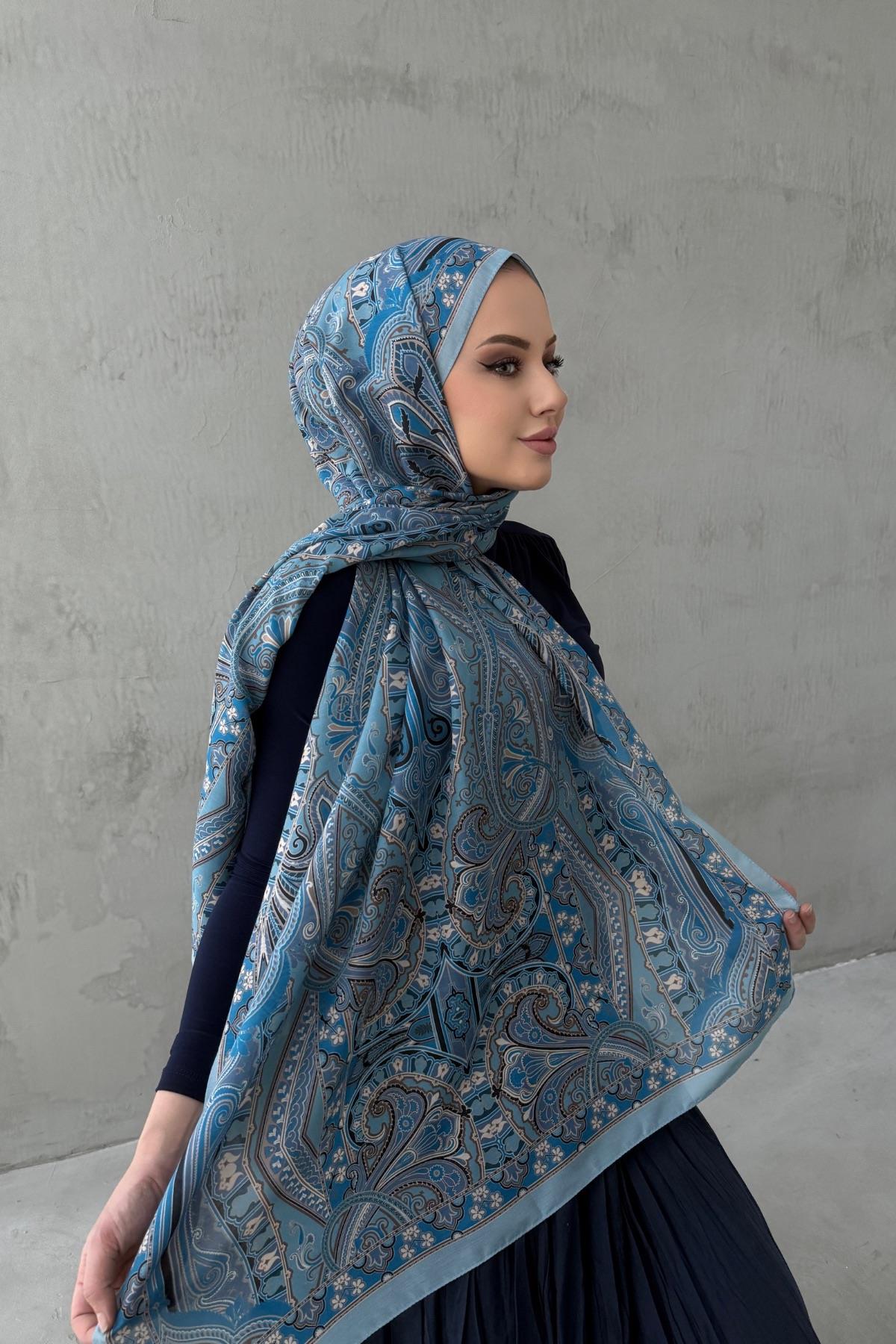 Mavi Beren Bohem Modal İpek Şal