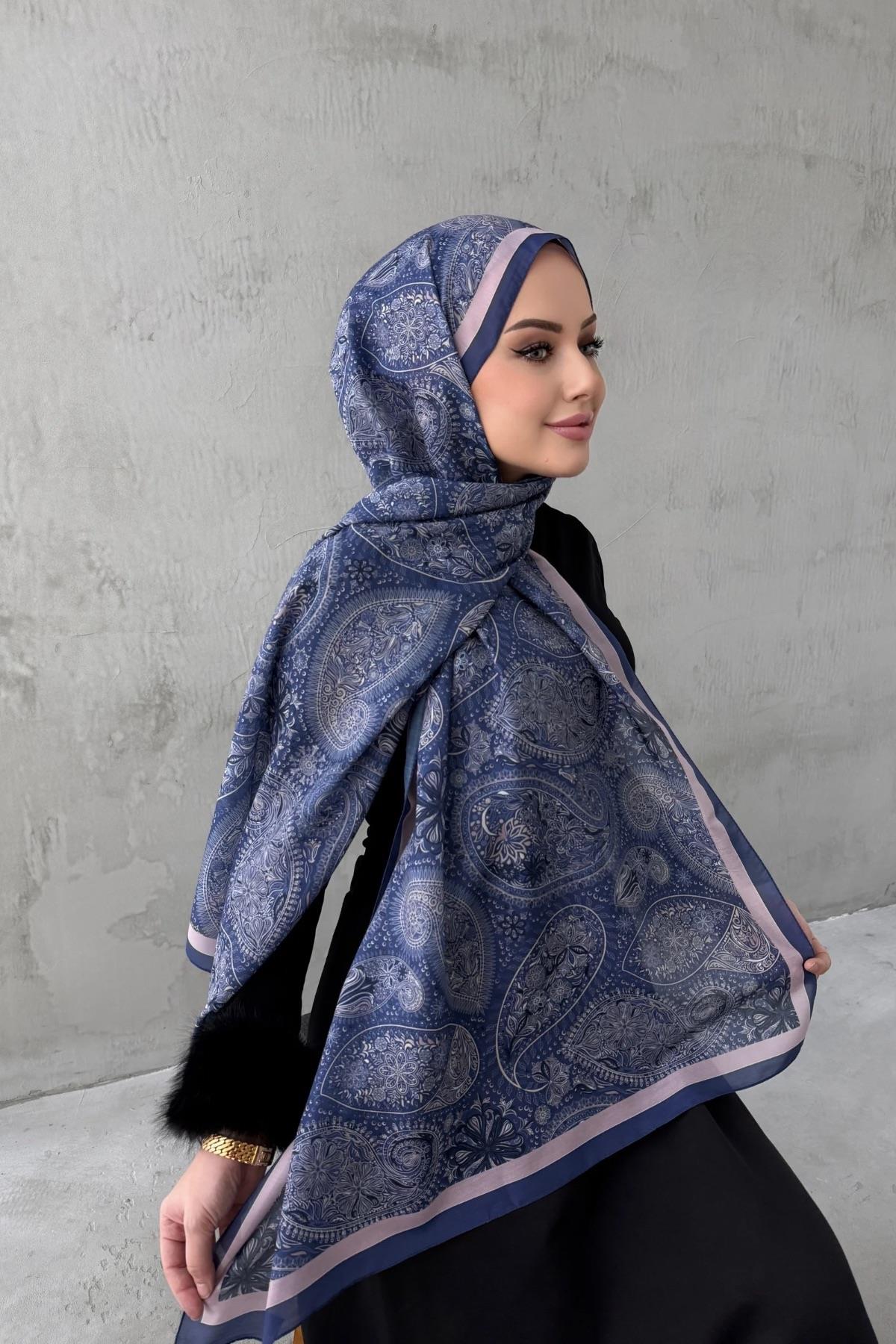 Mavi Bukre Bohem Modal İpek Şal