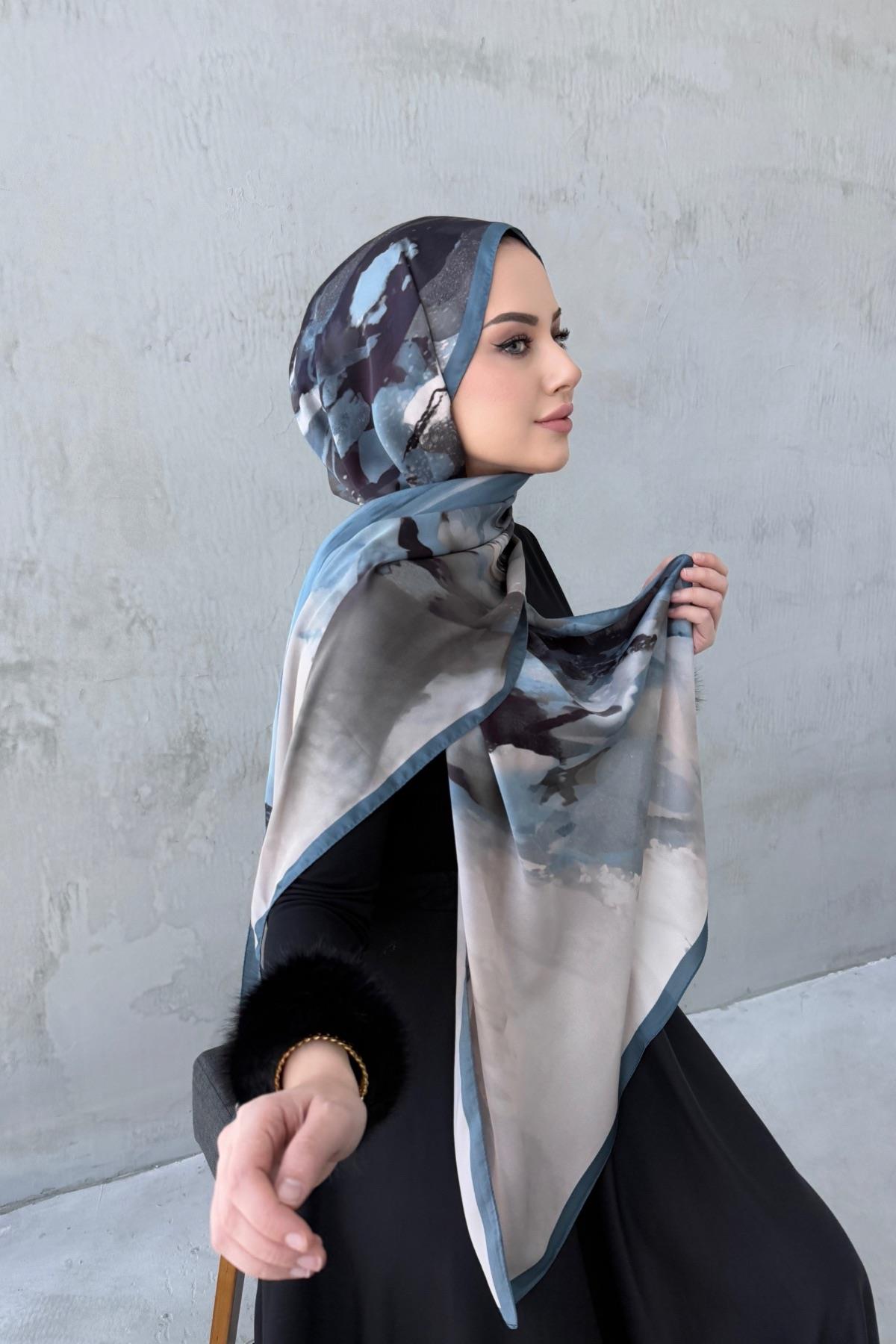 Mavi Katre Kumlu İpek Şal 