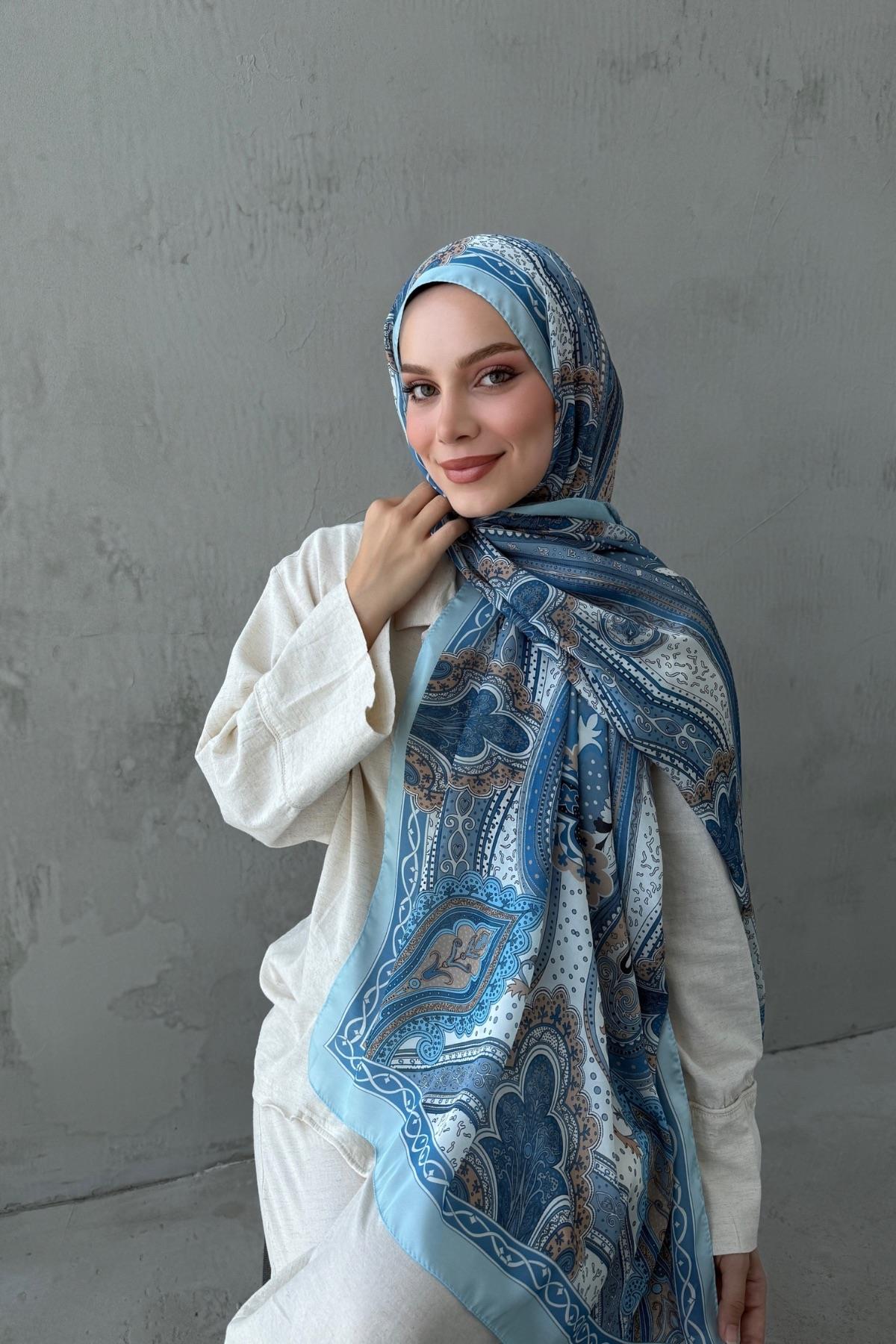 Mavi Mahra Otantik Hint İpeği Şal