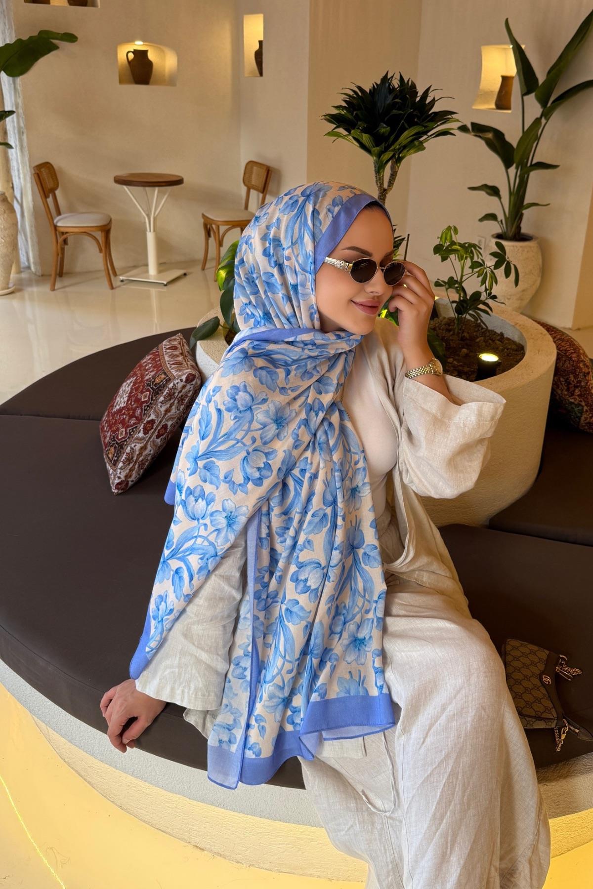 Mavi Nergis Koza %100 Pamuk Şal 