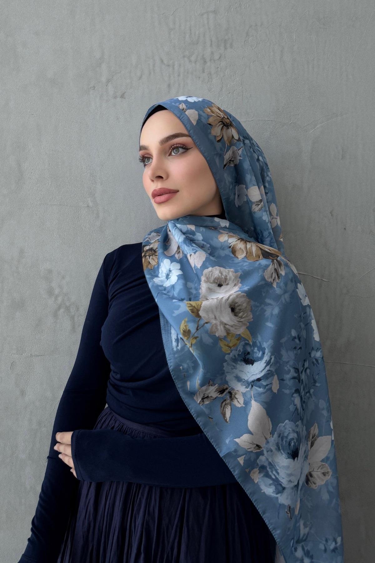 Mavi Roselle Hint İpeği Şal
