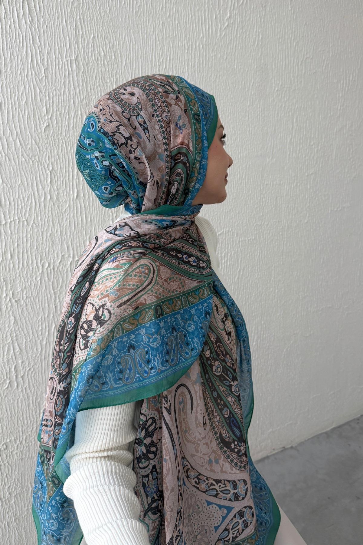 Mavi & Yeşil Bohem Modal İpek Şal  