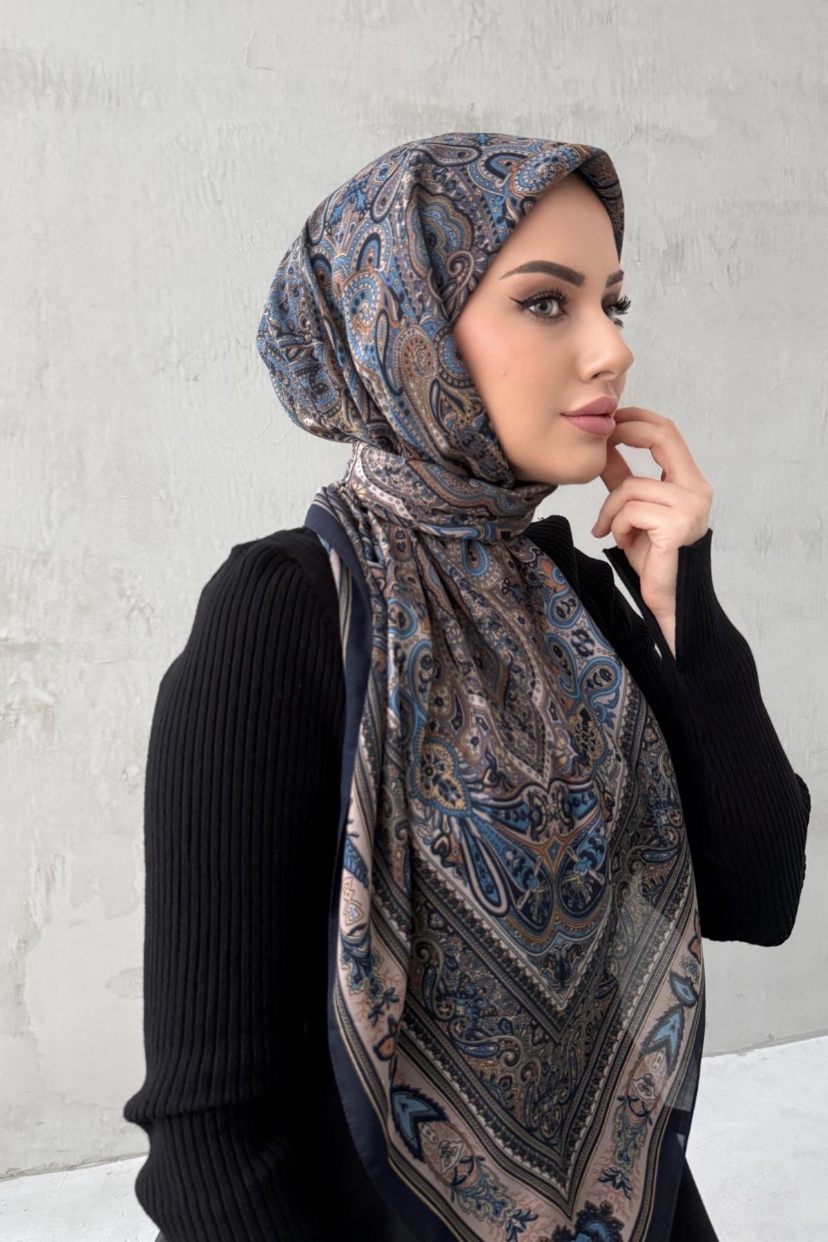 Mavi&Lacivert Mihri Bohem Modal İpek Şaleşarp