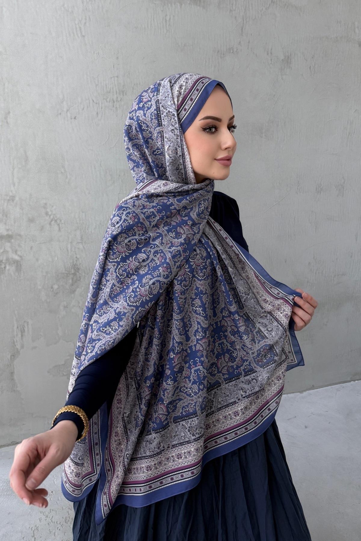 Mor Lacivert Bohem Modal İpek Şal