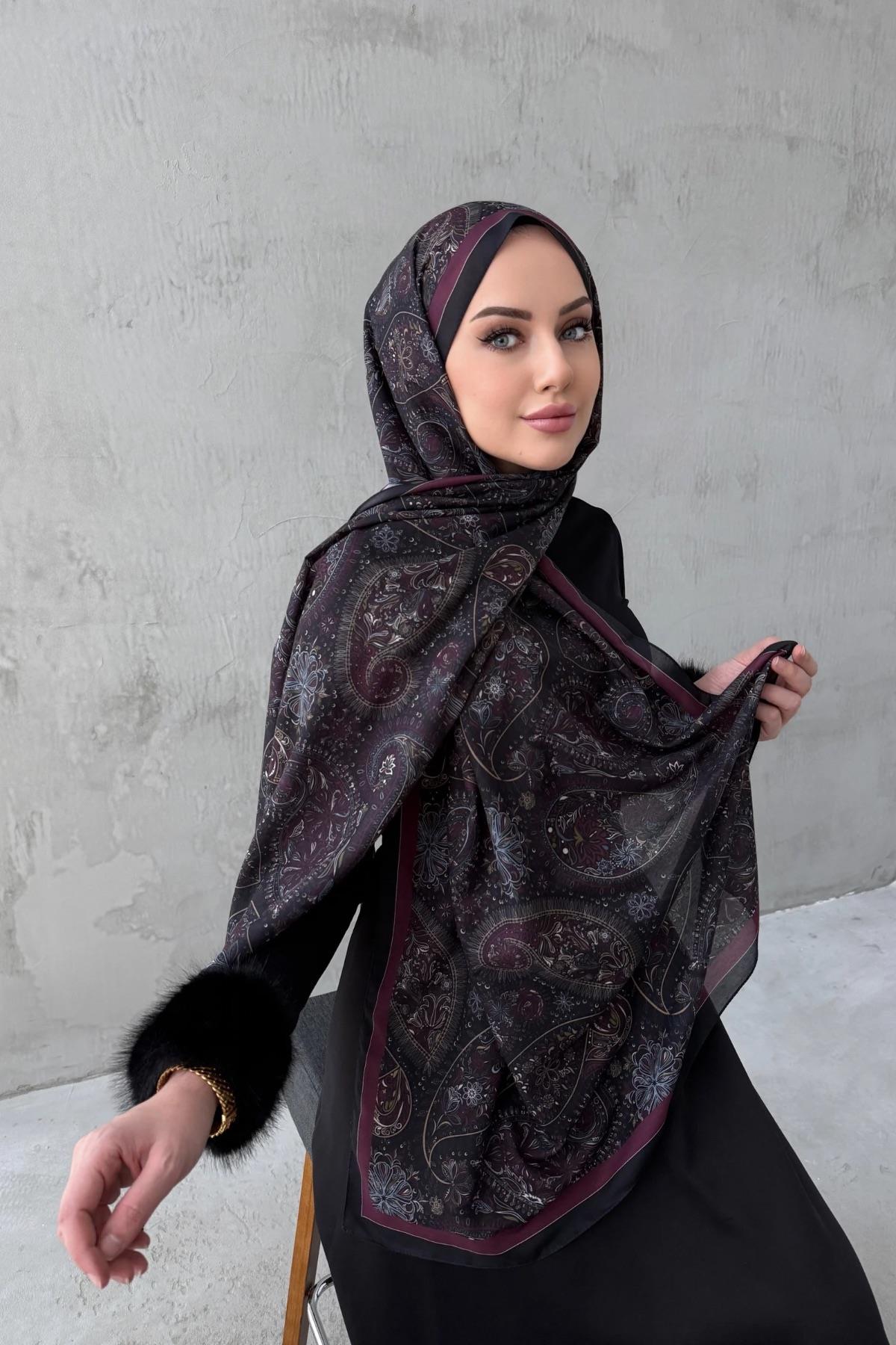 Mürdüm&Siyah Bukre Bohem Modal İpek Şal