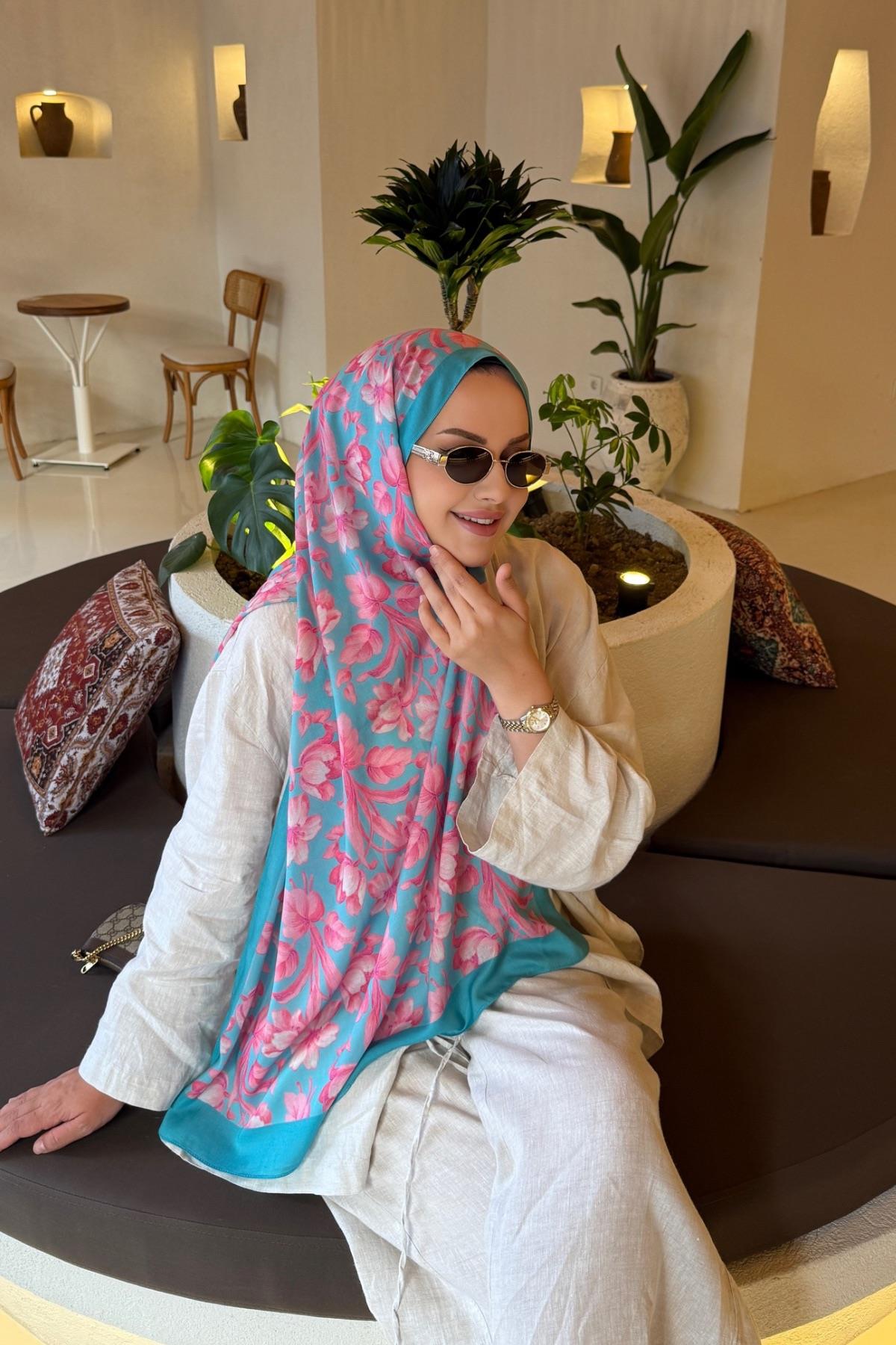 Pembe&Mavi Nergis Koza %100 Pamuk Şal 