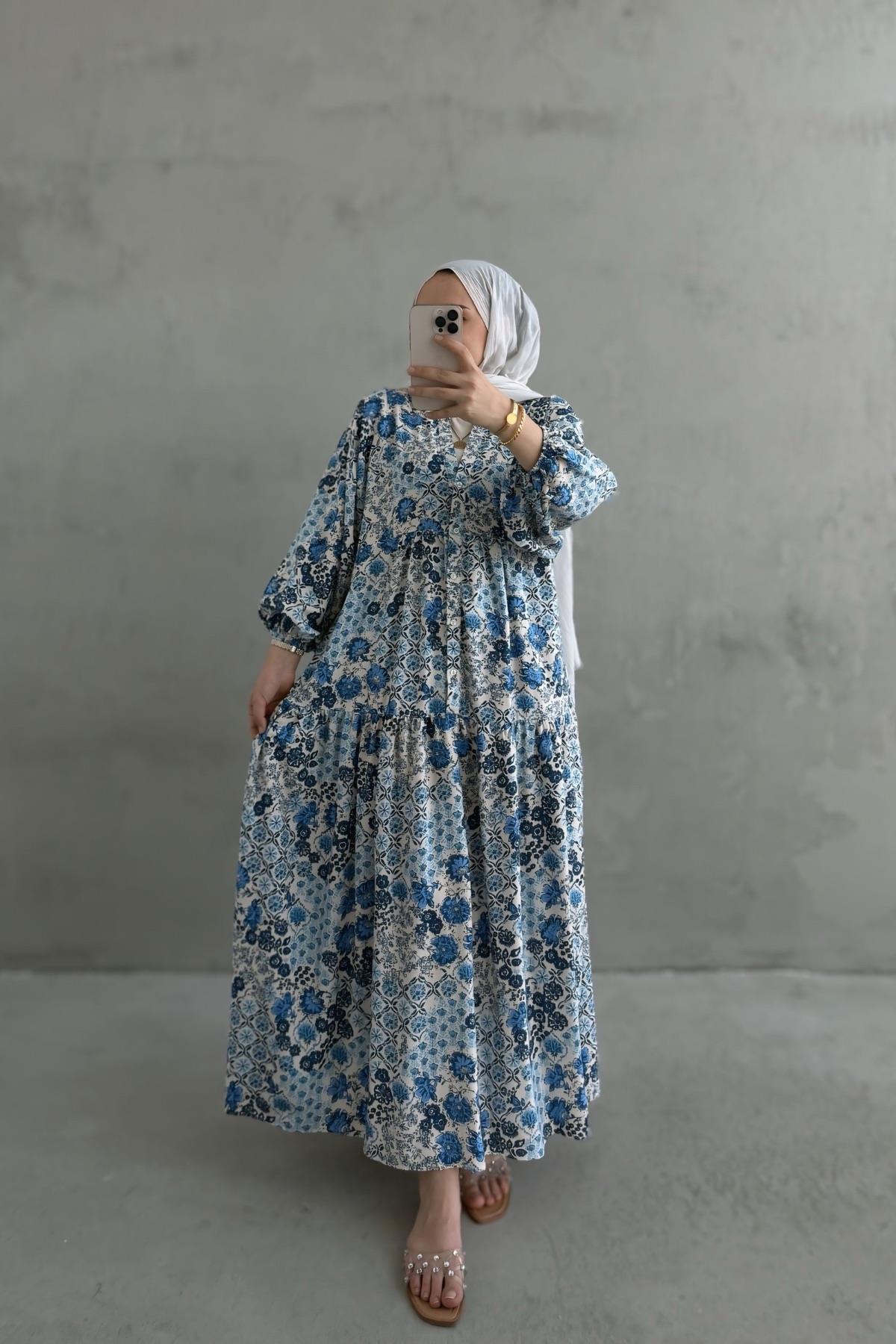 Prenses Viskon Elbise Mavi