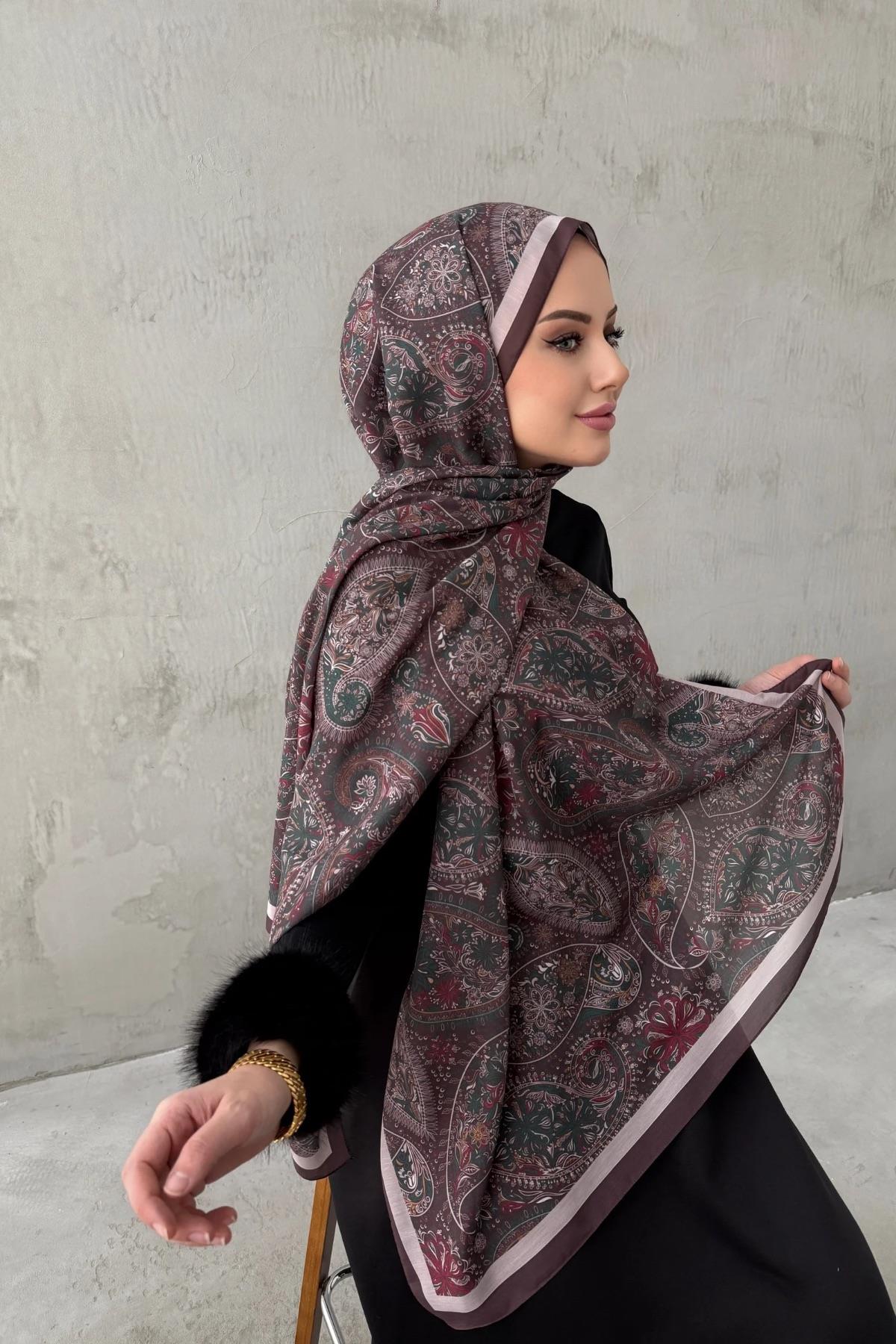 Pudra&Kahverengi Bukre Bohem Modal İpek Şal