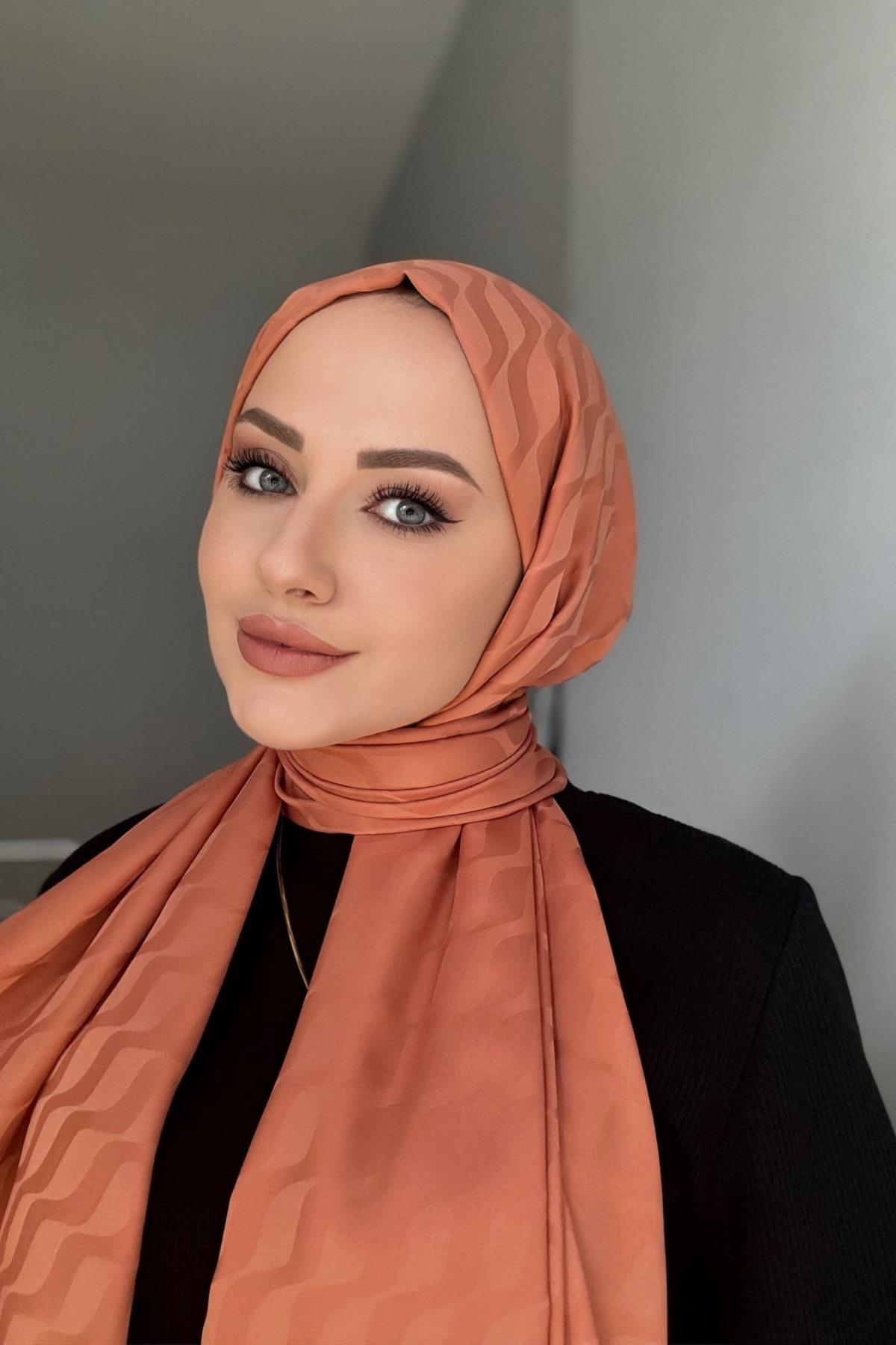 Peach Color Patterned Silky Jacquard Shawl