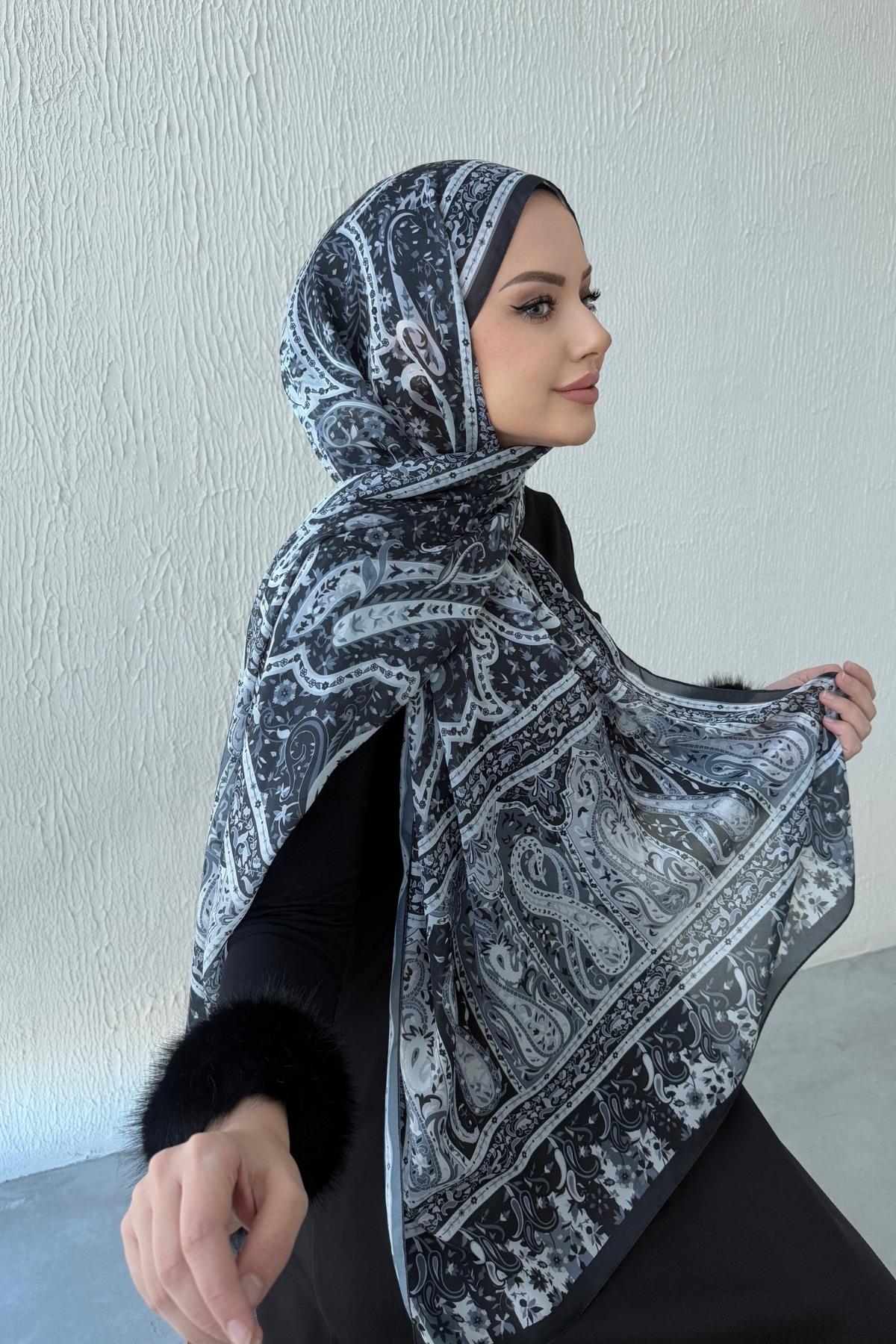 Siyah Bergüzar Otantik Hint İpeği Şal