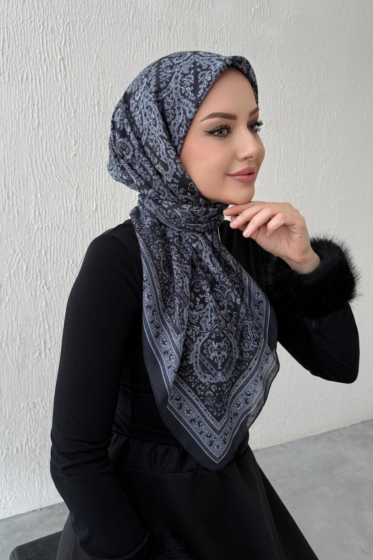 Siyah Bohem Modal İpek Eşarp