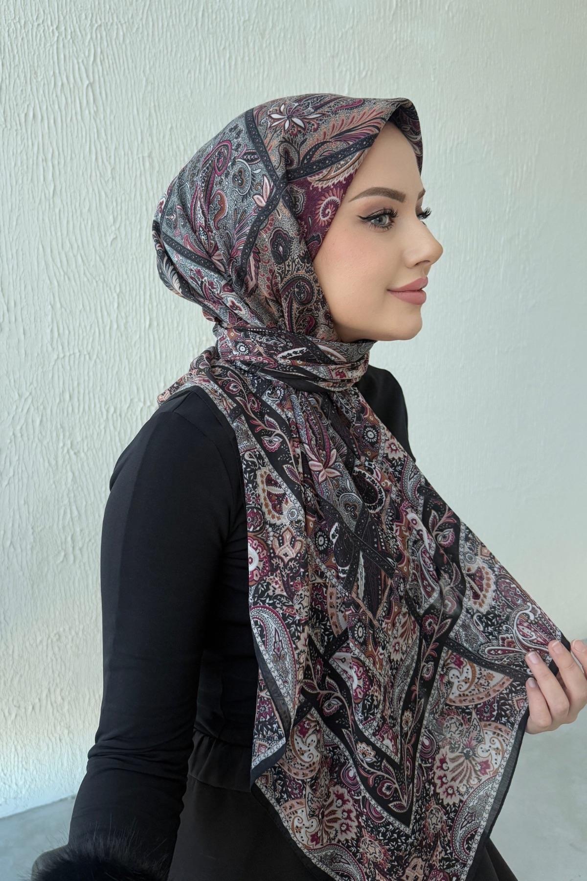 Siyah & Bordo Bohem Modal İpek Şaleşarp