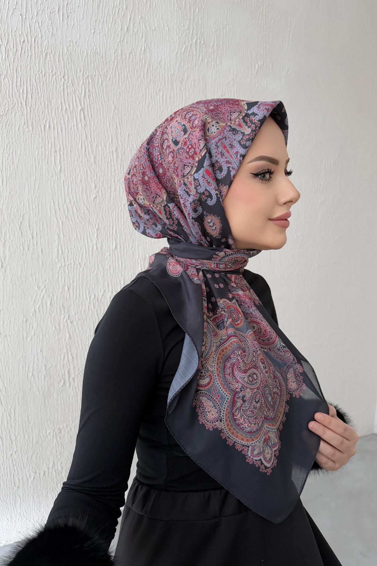 Siyah & Bordo Mira Bohem Modal İpek Eşarp