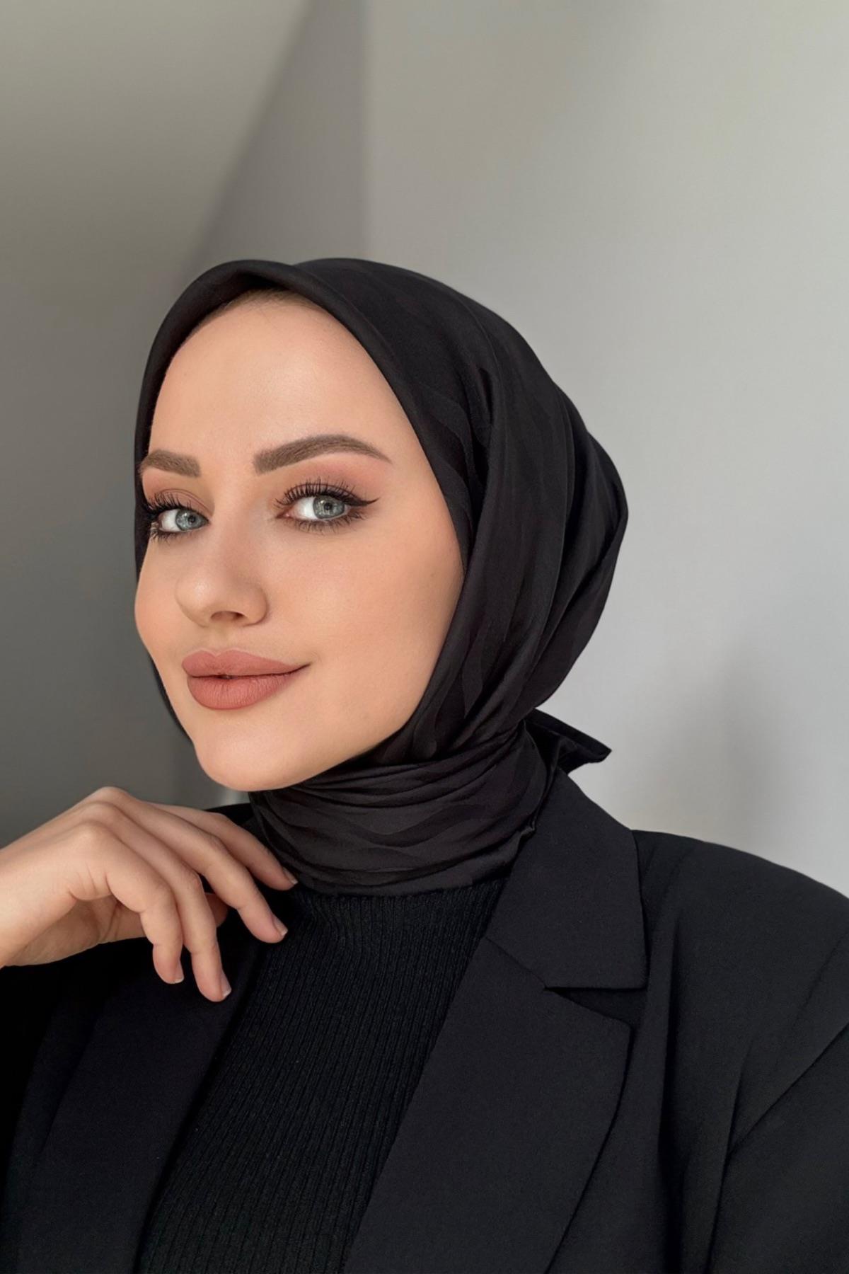 Black Patterned Silky Jacquard Scarf