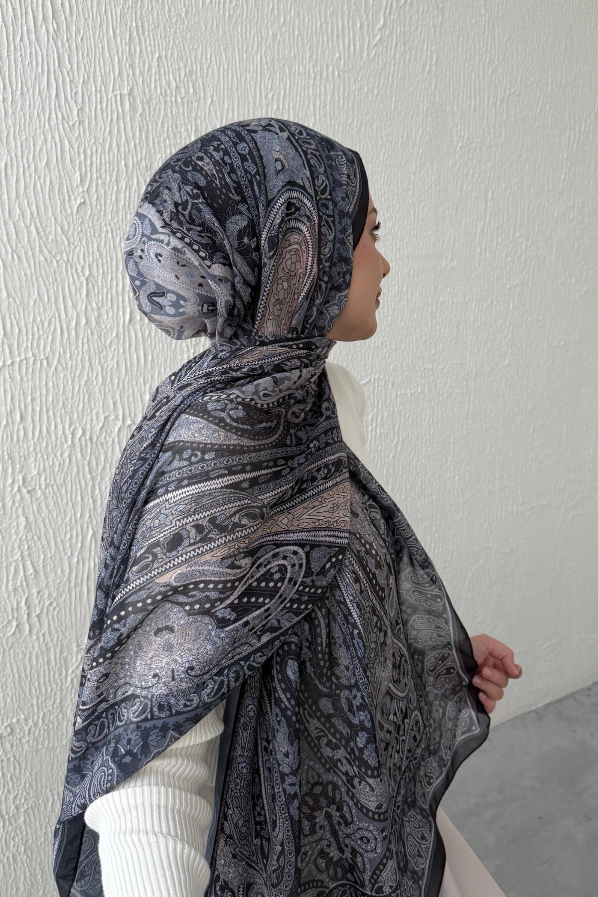 Siyah & Gri Bohem Modal İpek Şal  