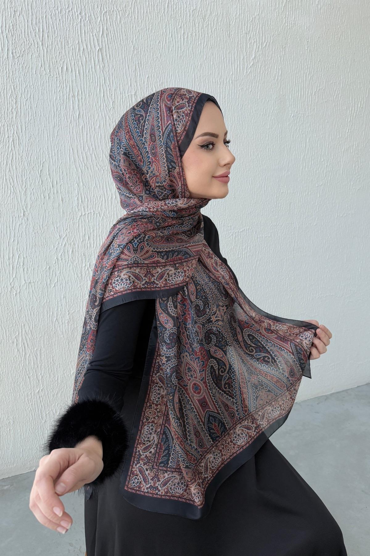 Siyah & Kiremit Otantik Hint İpeği Şal