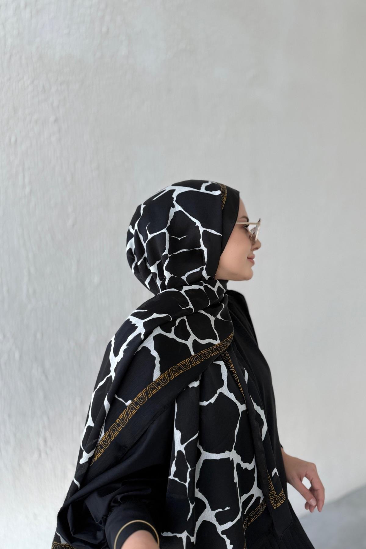 Siyah Taş Desen Vual İpek Şal 