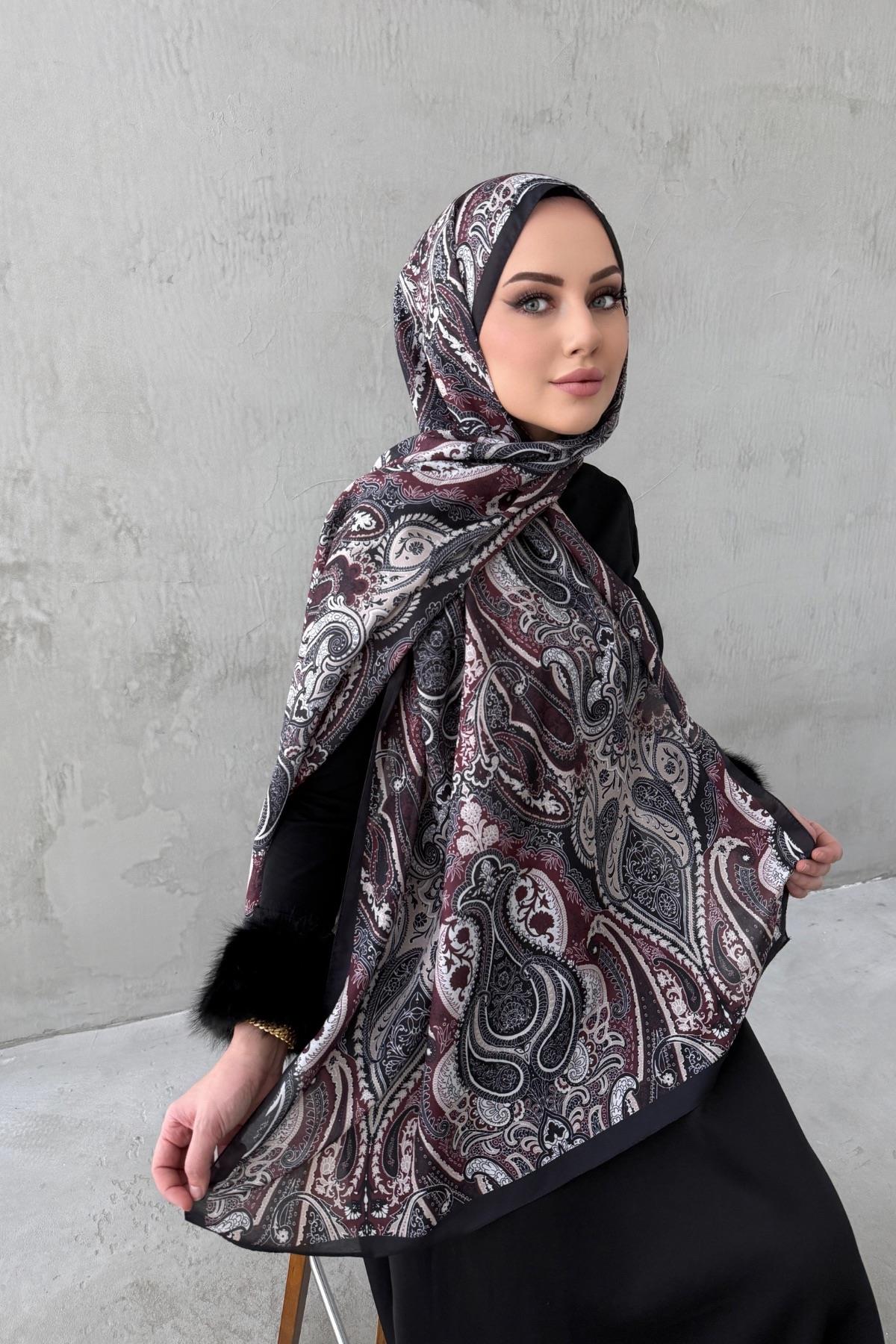 Siyah&Bordo Amour Bohem Modal İpek Şal