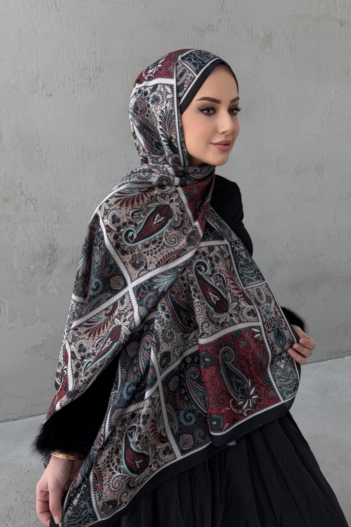 Siyah&Bordo Maveran Bohem Modal İpek Şal