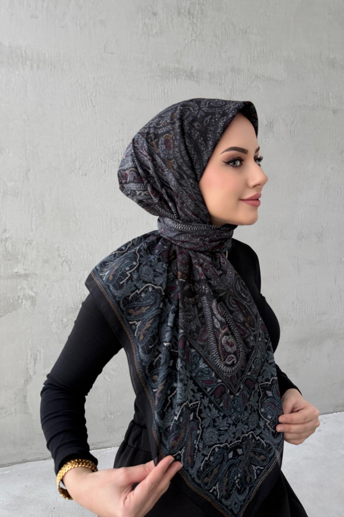 Siyah&Mor Lacivert Beliz Bohem Modal İpek Şaleşarp