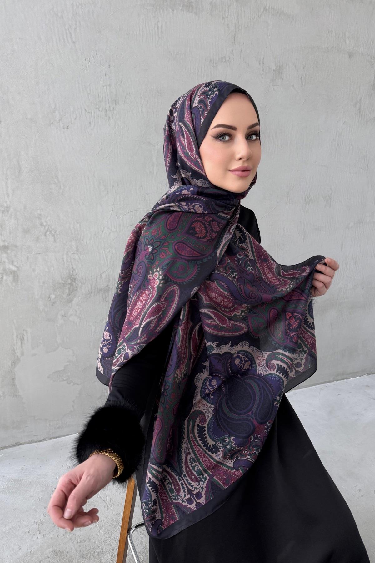 Siyah&Mürdüm Amour Bohem Modal İpek Şal